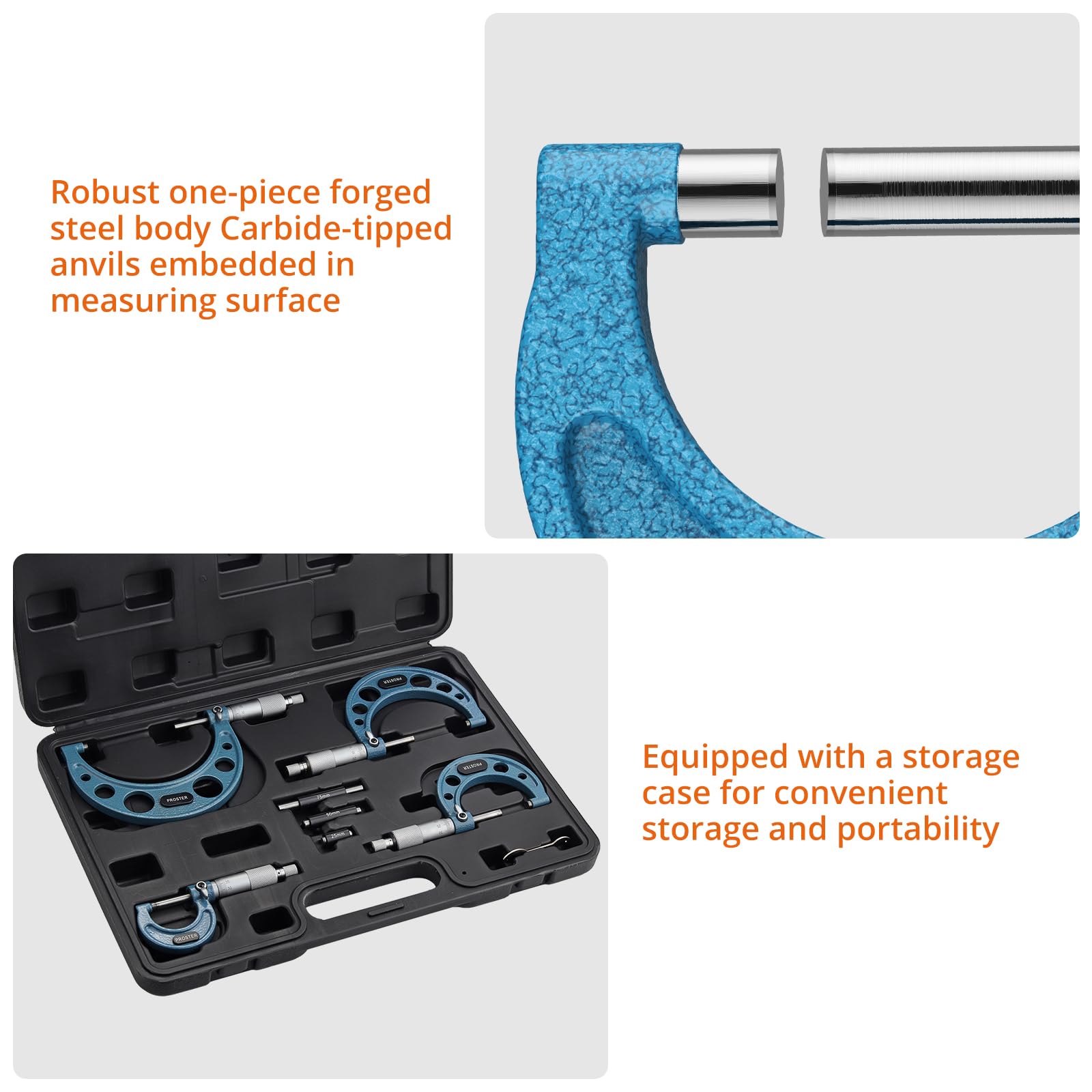 Proster Micrómetro Externo 0~100mm 4PCS Micrometro Metrico 0-25mm, 25-50mm, 50-75mm, 75-100mm con 3 Varillas de Calibración y Llave Especial para Mecanizado, Automoción Inspección