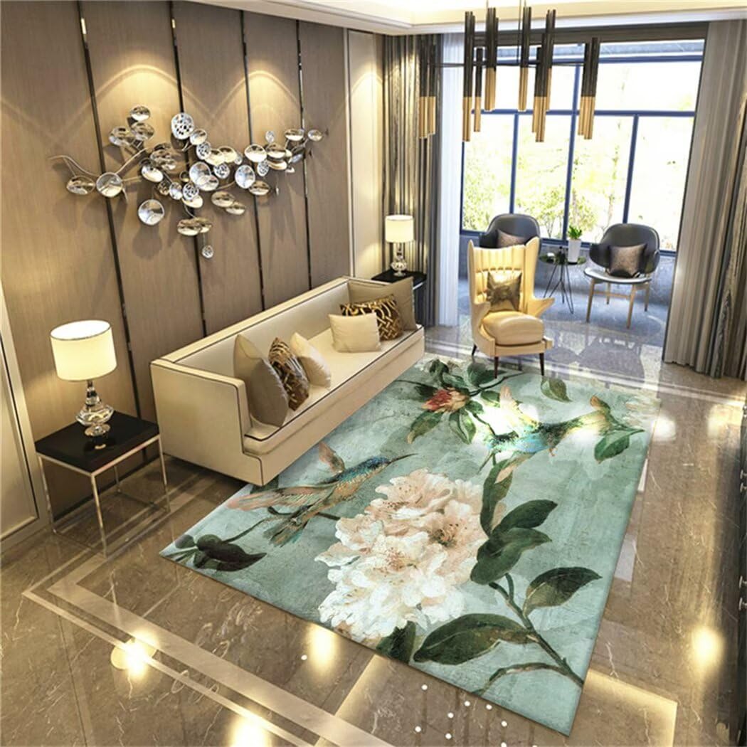 Tapis pour enfants haut de gamme motif floral et oiseaux vert 140x200cm