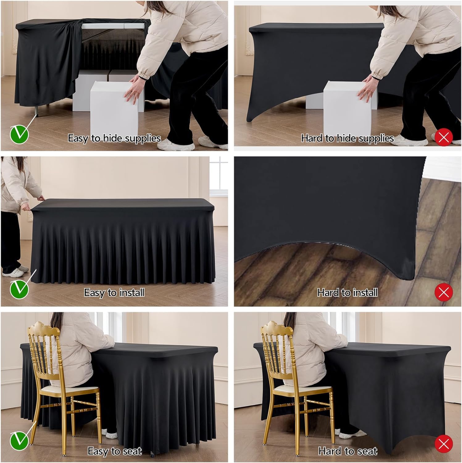 Paquete de 6 manteles de elastano elásticos negros para mesa rectangular de 1,8 m, lavable y sin arrugas, mantel rectangular para fiestas, eventos, bodas, banquetes, [183 x 76 x 74 H] cm