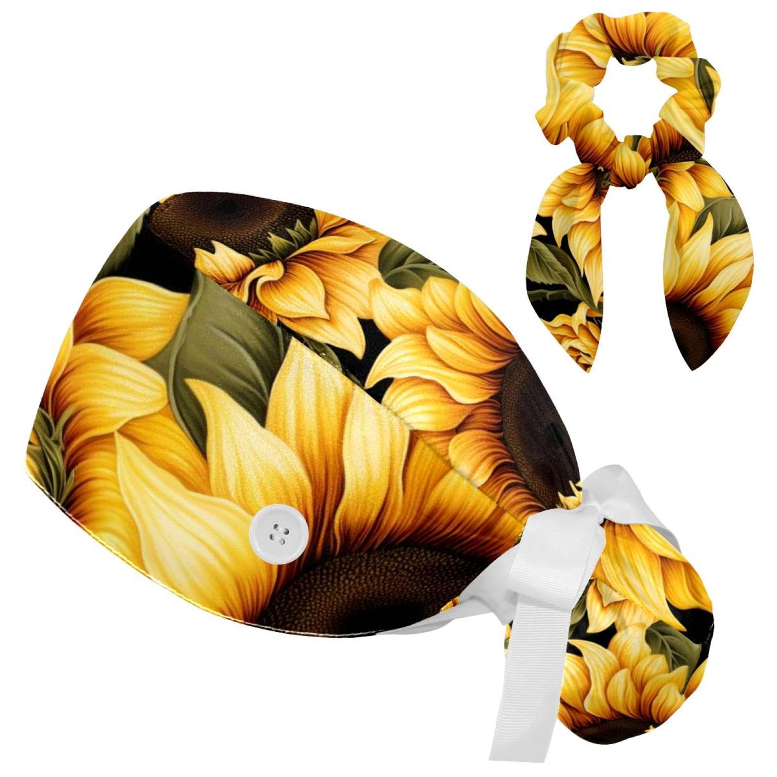 Adjustable Working Cap ÏòÈտûÎ޷ìӡ»¨99 Bouffant Hat with Buttons Scrub Hat with Bow Hair Scrunchy for Woman