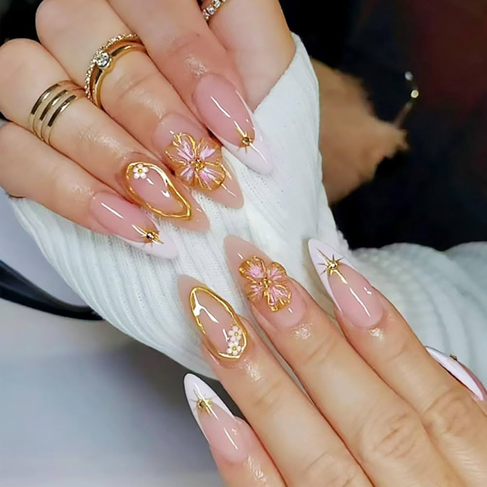 ダイフ 「春の花束」 レプリカ ゴールド額 Amazon.com: Gold 3D Flower Press on Nails White French Tips