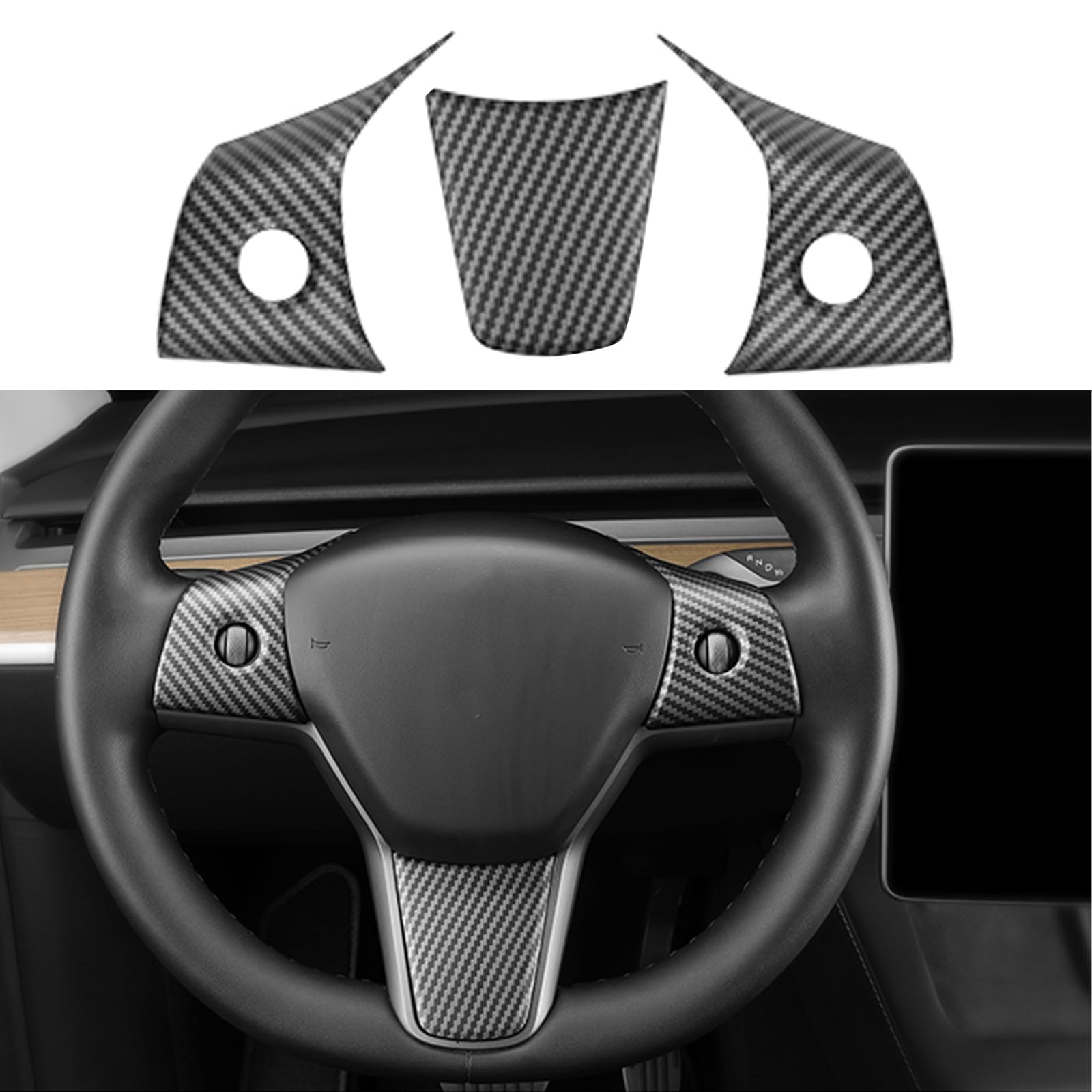 NALACAL Steering Wheel Trim Cover for Tesla Model 3/Y, Carbon Fiber Steering Wheel Wrap Stickers Panel Cover, Interior Accessories Compatible with Tesla Model 3 Model Y (A-Matt Carbon Fiber Pattern)