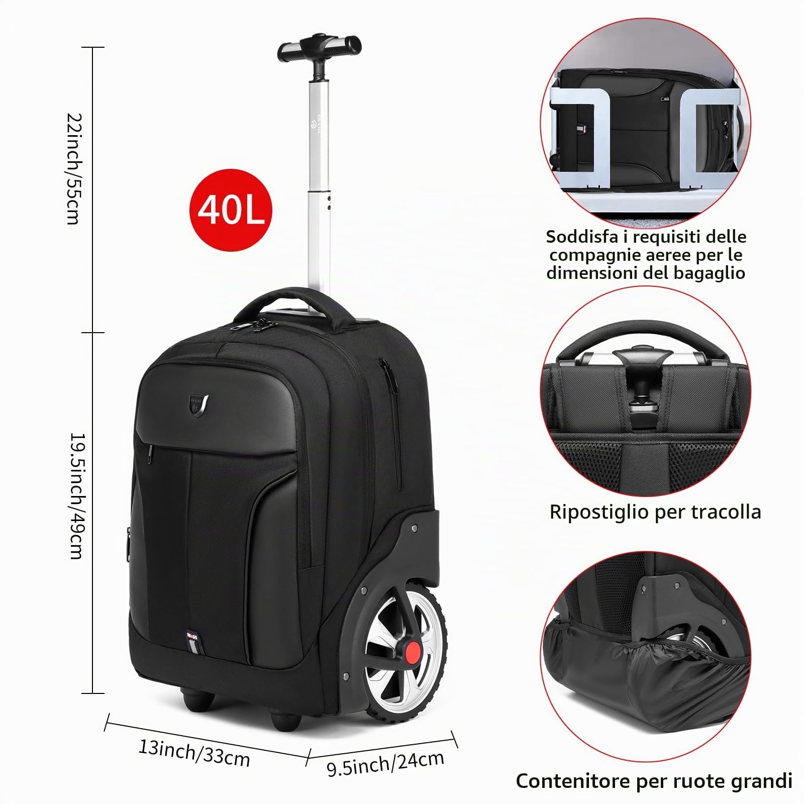 RUCYEN Zaino arrotolabile, zaino impermeabile con ruote per pendolari di lavoro e viaggi, zaino da portare con sé con scomparto per laptop, zaino con ruote per adulti, Nero , 18", Affari