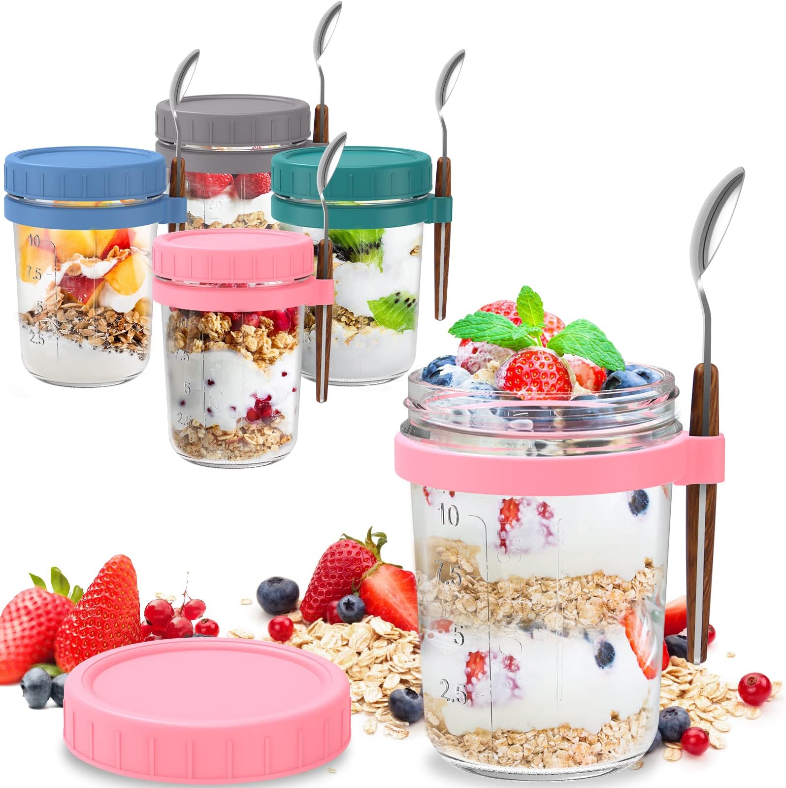 Overnight Oats Container with Lid and Spoon, 12oz Mason Jars Overnight Oats Jars, Set of 4 Portable Oatmeal Cup for Yogurt Cereal Milk