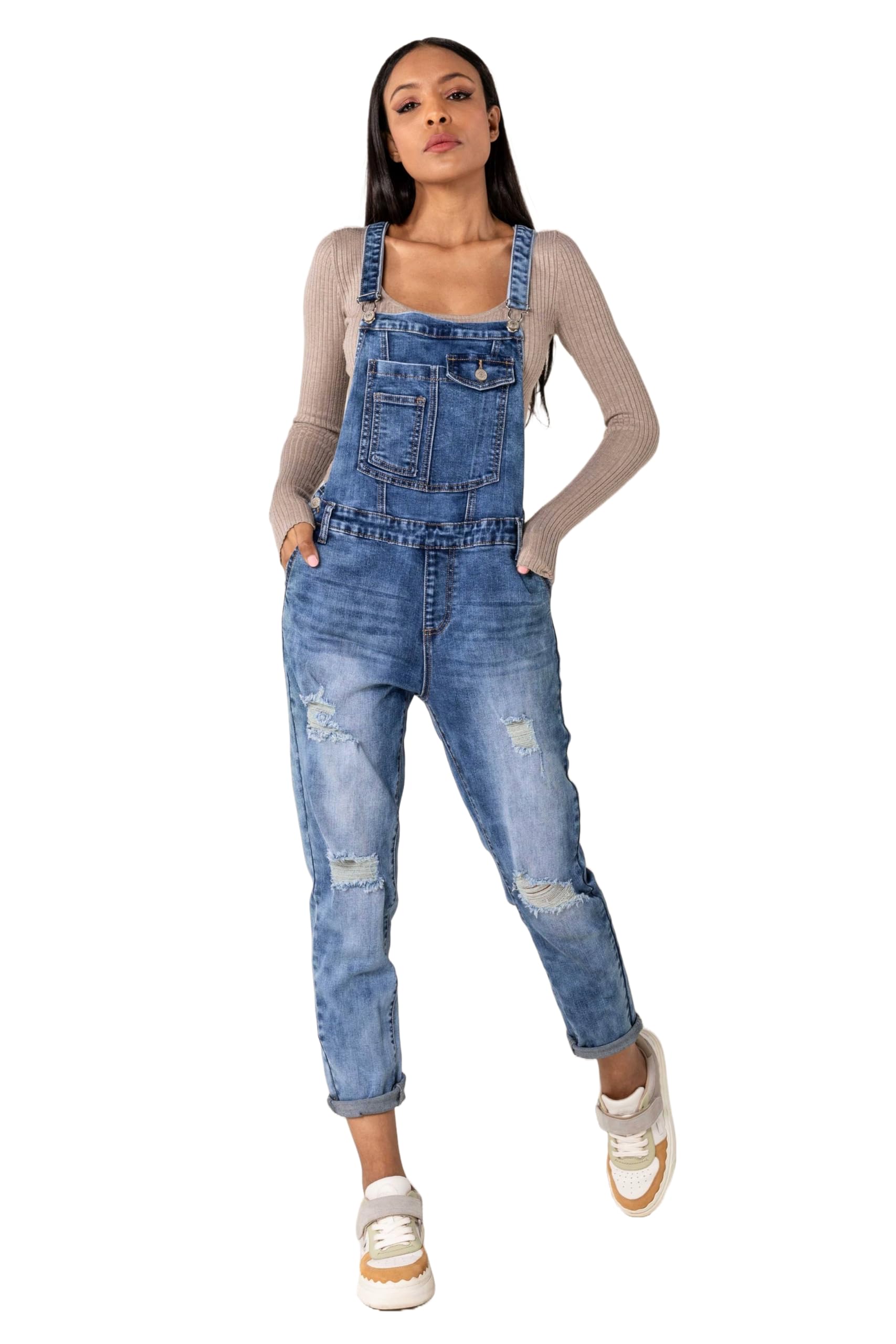Nina Carter Salopette en Jean pour Femme Boyfriend Look Usé Jumpsuit Denim Combinaison d'été