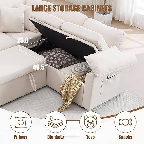 Miniatura 5 de Sofá cama modular de 85 pulgadas con cama extraíble, sofá cama en forma de L de 5 plazas con almacenamiento, sofá cama convertible que ahorra
