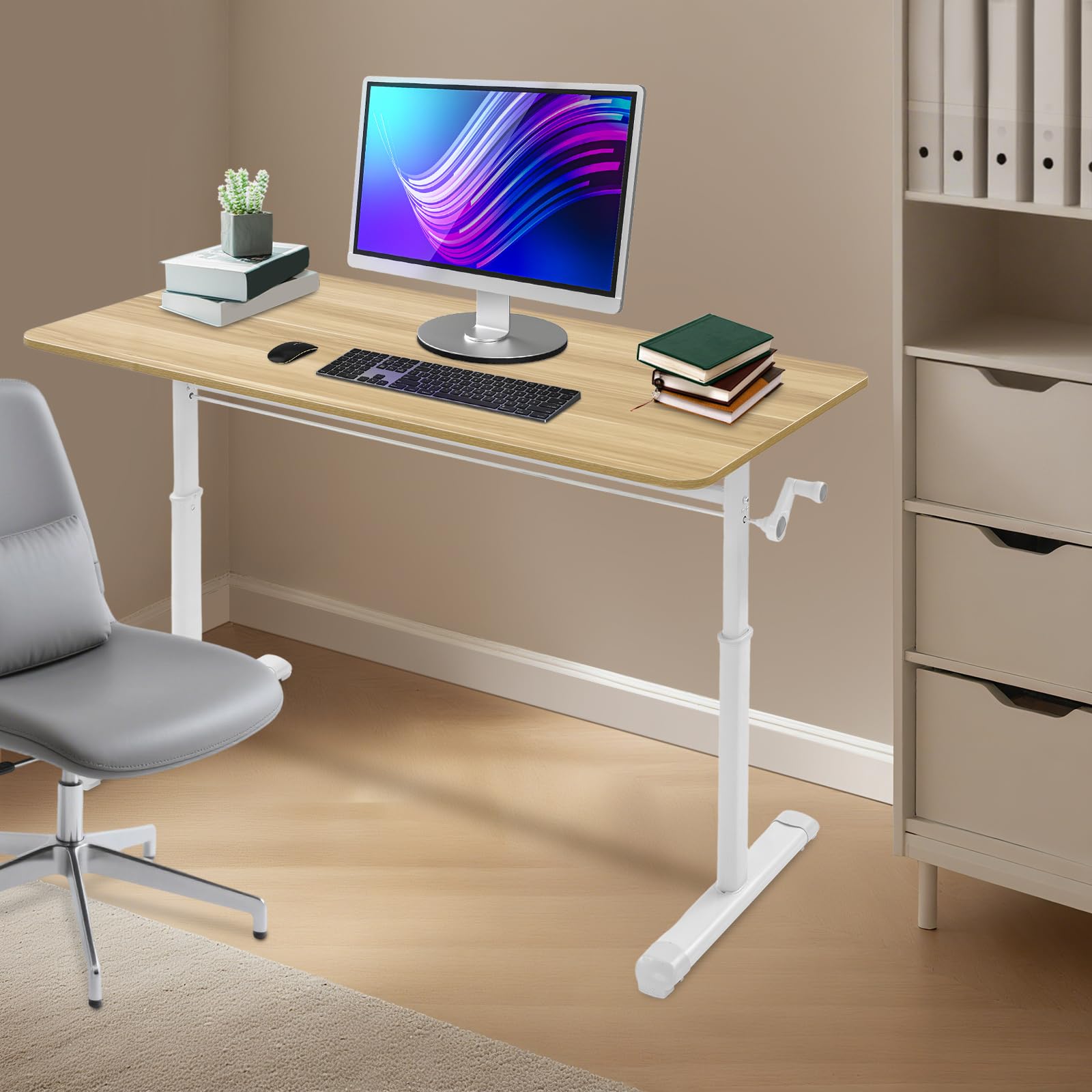 Scrivania manuale regolabile in altezza, 120 x 60 cm (colore legno)