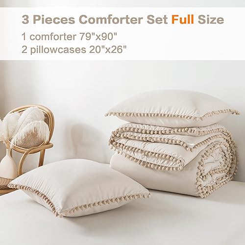 Miniatura 7 de Litanika Juego de edredón de tamaño matrimonial, 3 piezas, color beige, bohemio, con pompones, ligero, para todas las estaciones, suave y liso, para