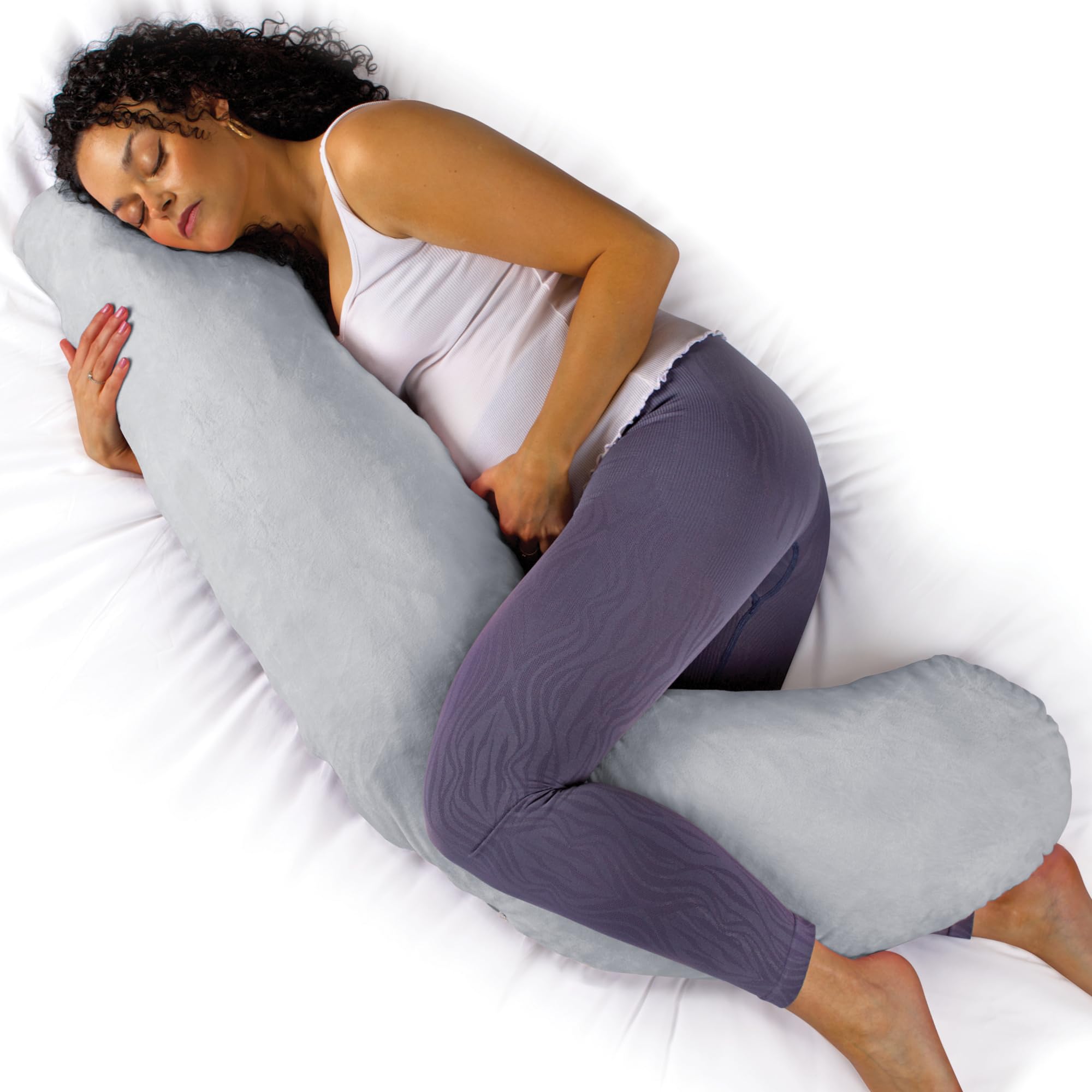 Aamira L Shaped Pregnancy Pillow, Memory Foam, Velvet Cover, Light Grey