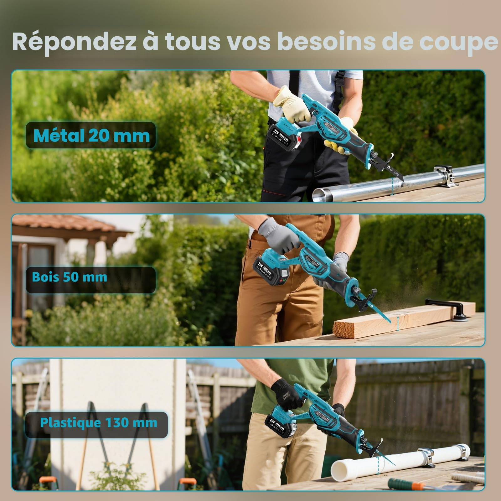 SEESII Scie sabre sans fil 21 V, moteur sans balais 3300 SPM, Scie alternativeavec 2 batteries 4.0Ah, 8 lames Pour bois, métal, PVC