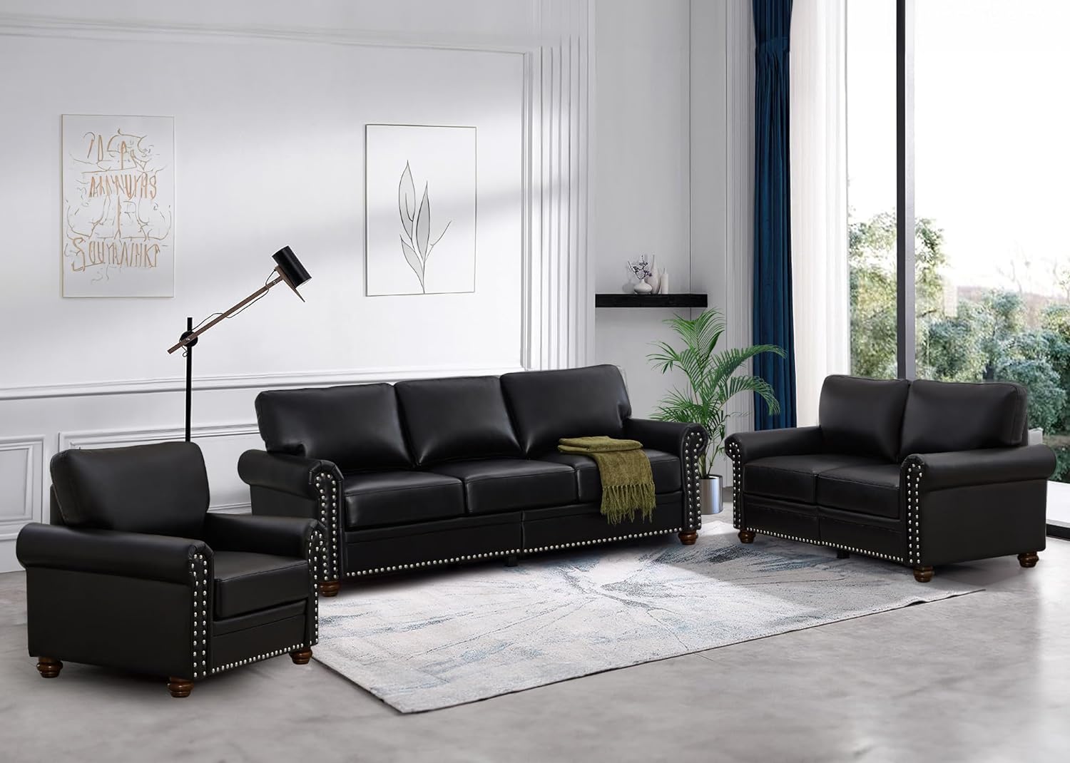 3 Piece Faux Leather Sofa Set,Mid Century Modern Couch and