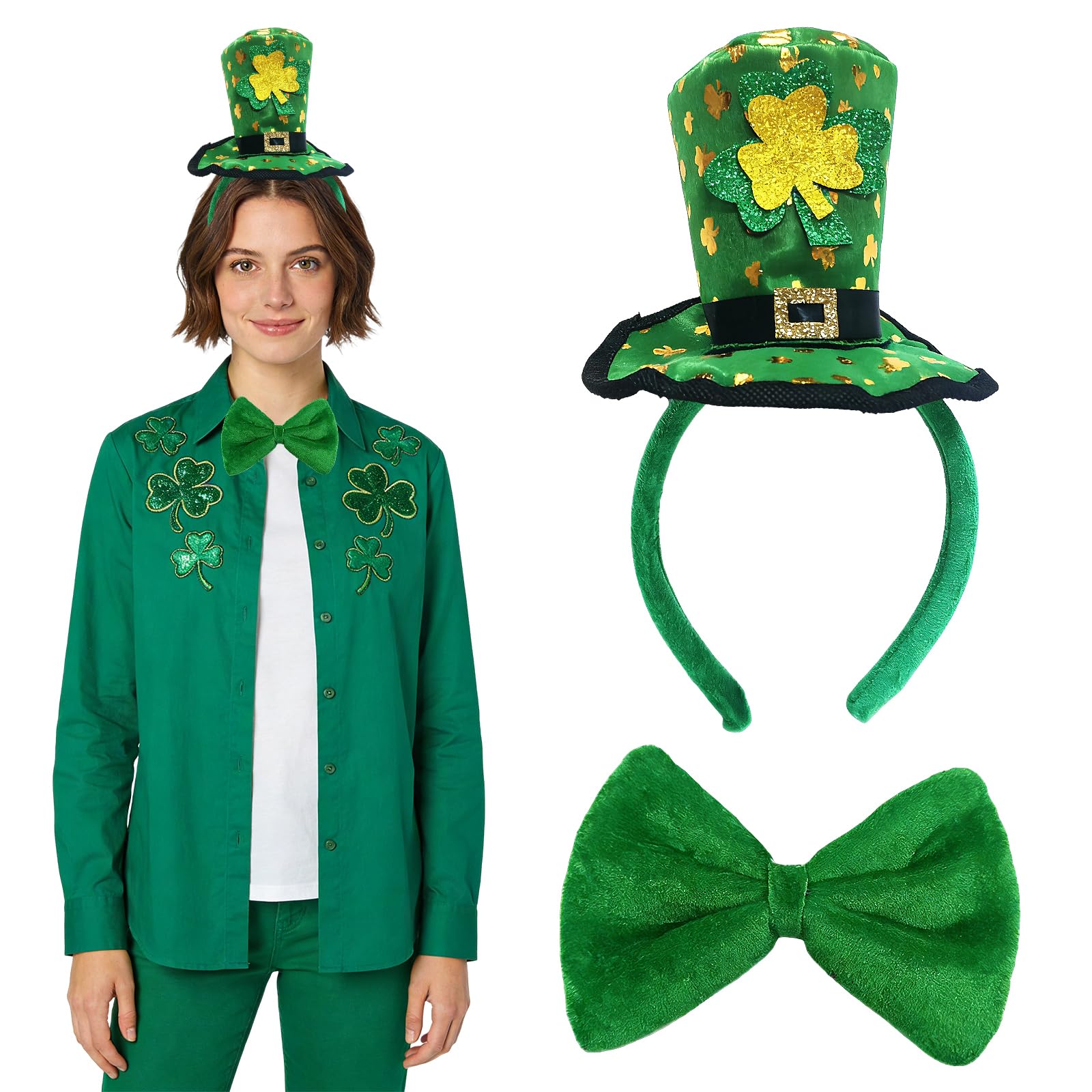 XinJiHongQiong 2 Pcs St Patricks Day Headband, Leprechaun Hat Headband Bow Tie, St Patricks Day Accessories - Image 4
