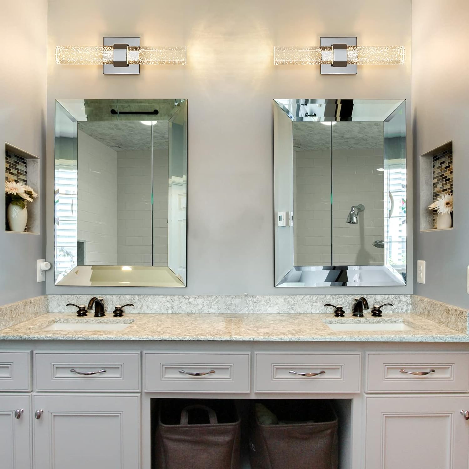 Epinl Wall Sconces Set of Two - Crystal Sconces Wall Lighting 14W Dimmable LED Bathroom Vanity Light Fixtures Chrome Bubble Wall Lights for Bathroom Hallway Bedroom Living Room (2 Pack)