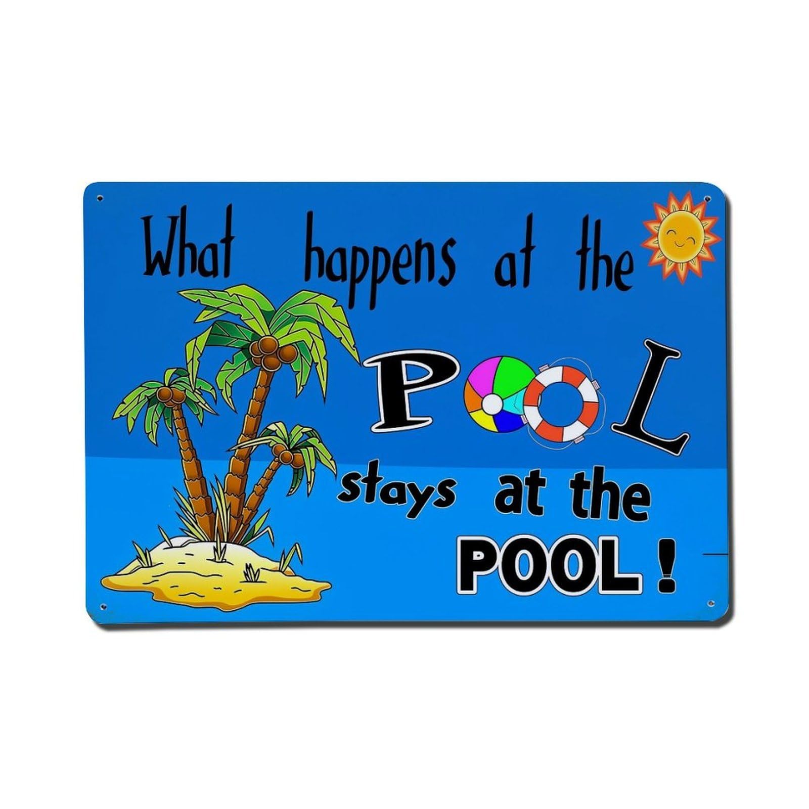 Tropical Pool Scene With Palm Trees And Sun Retro Metal Tin Sign, Vintage Metal Poster for Home, Gaming Room, Studio Workshop,Bar,Garage Wall Art Decor 8x12 Inch