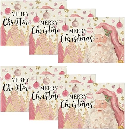 Artoid Mode Juego de 6 manteles individuales de Navidad con diseño de copos de nieve, de Papá Noel, color rosa, 12 x 18 pulgadas, para decoración de
