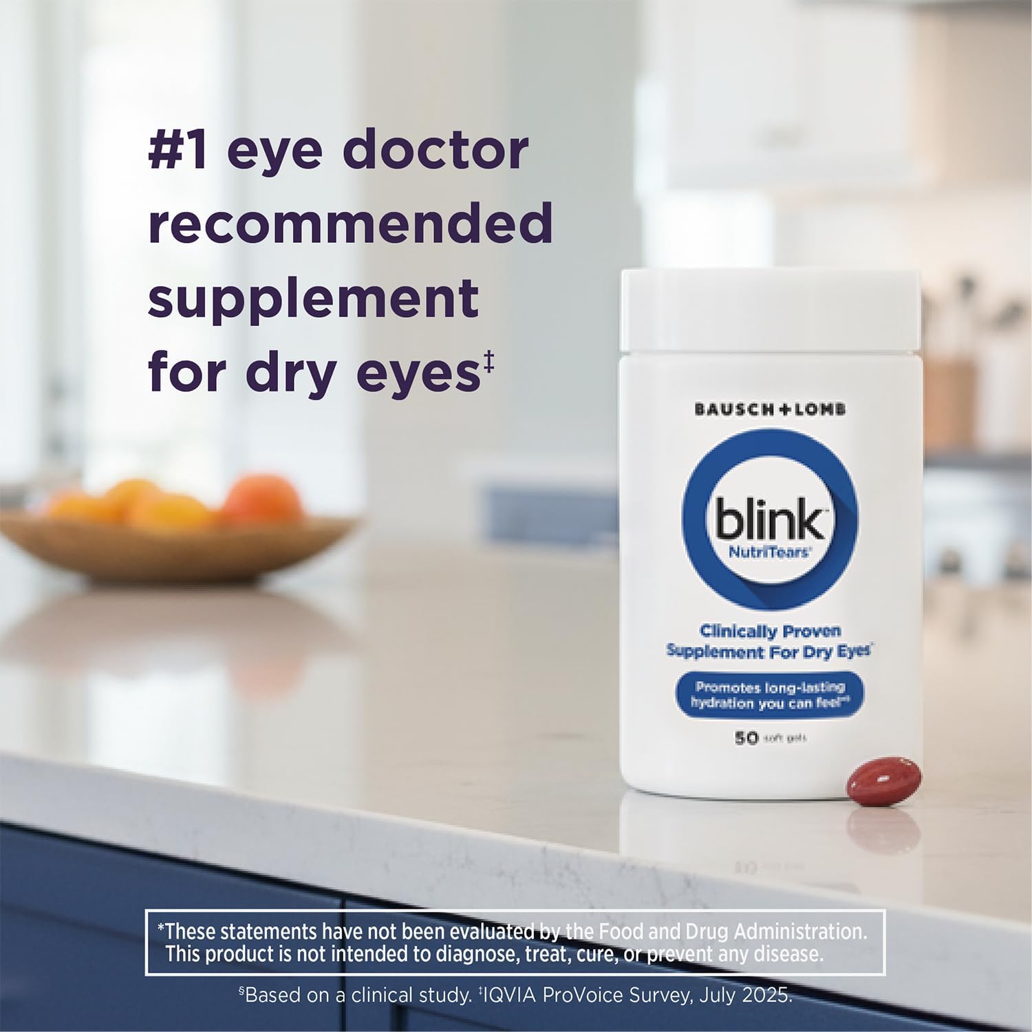 Blink NutriTears Clinically Proven Supplement for Dry Eyes, Eye Care with Lutein & Zeaxanthin and Vitamin D to Hydrate Eyes from Within for Long-Lasting Relief, 50 Softgels