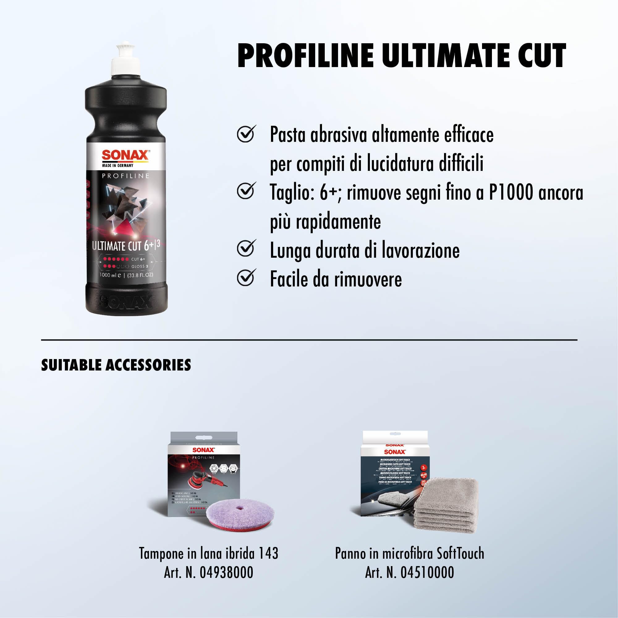 SONAX PROFILINE UltimateCut (1 litro) lucidante abrasivo ad azione rapida. Elimina graffi o segni profondi dalla vernice | Art. N. 02393000