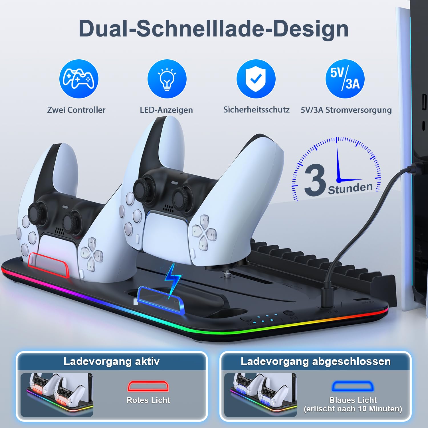 BEBONCOOL HOTS PS5 Stand Kühlstation für PS5/PS5 Slim/PS5 Pro,Vertikalständer mit Ultra-Lüfter und Buntem Licht, Headset-Halterung,PS5-Zubehör,Schwarz - 5