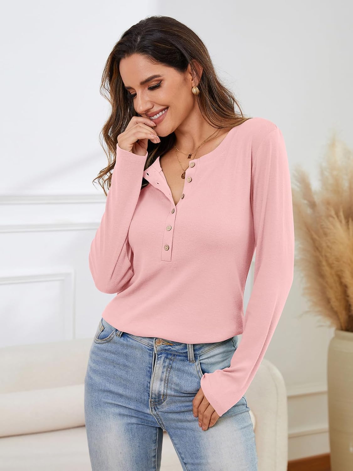 TICTICMIMI Women's Button Down Shirts Long Sleeve Henley Tops Casual Tunic Blouse - Image 2