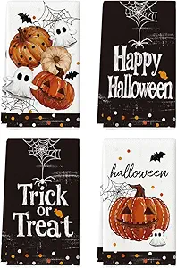 Artoid Mode Black Polka Dot Pumpkin Ghost Halloween Kitchen Towels Dish Towels, 18x26 Inch Farmhouse Bat Cobweb Decoration Hand Towels Set of 4