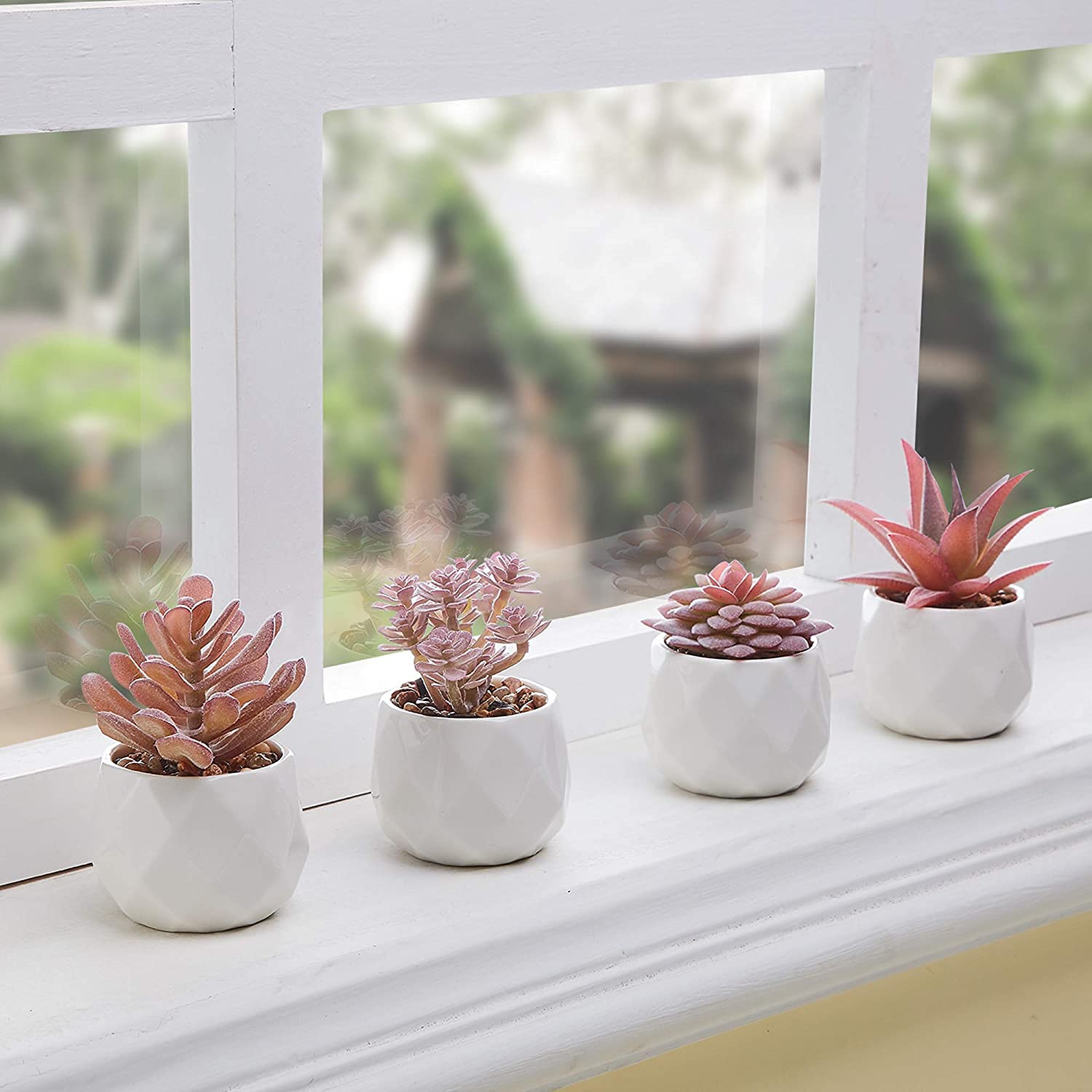 Piante Grasse Artificiali In Vaso Ceramica Bianca – Set Per Scrivania – Decorazione Ufficio E Casa