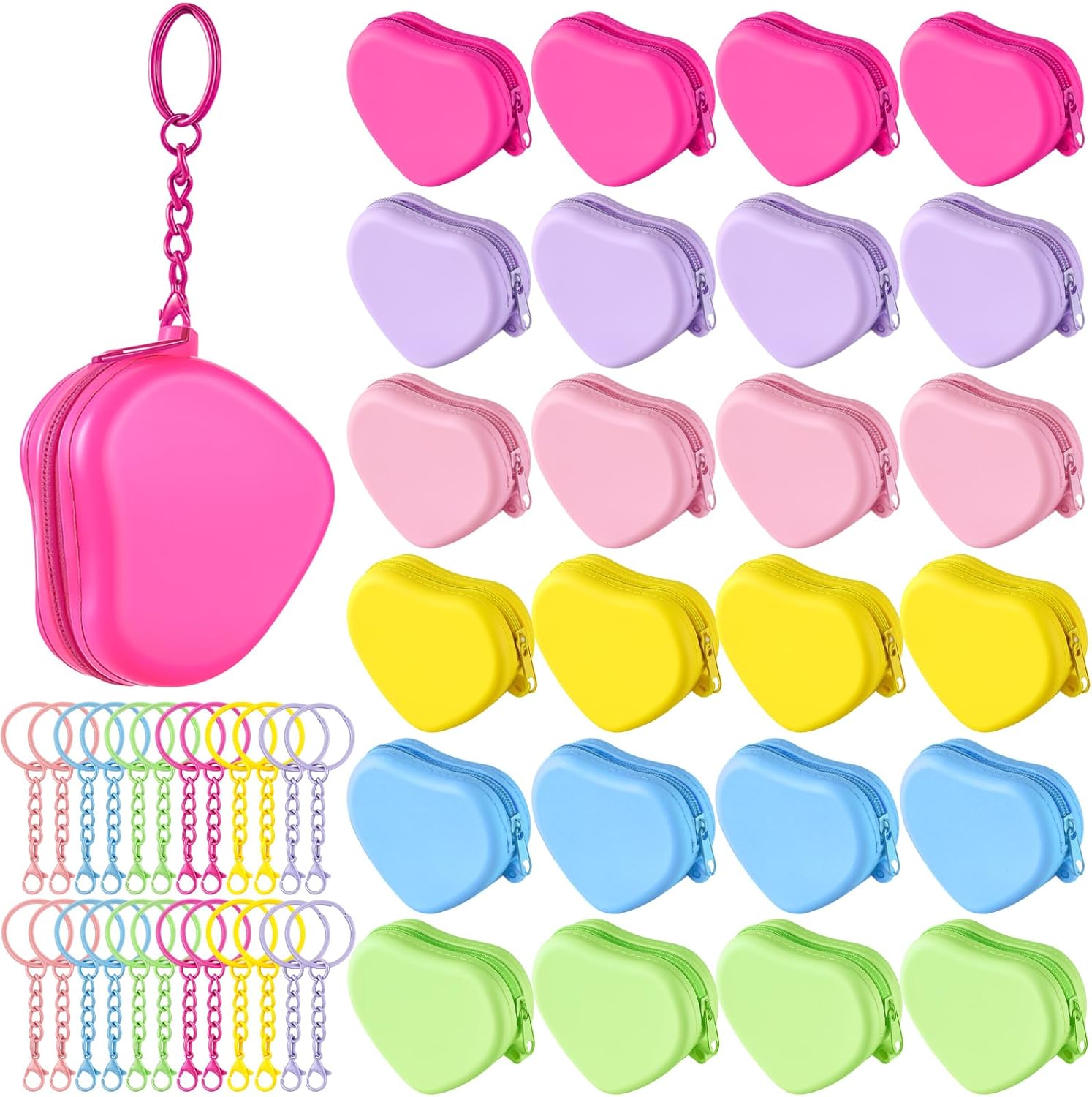24 Set Valentines Day Heart Shaped Purse Silicone Pouch Coin Purse Small Change Wallets Cute Mini Bag with Keychain Zipper for Women Valentines Party Favors Exchange Gift Birthday Supplies