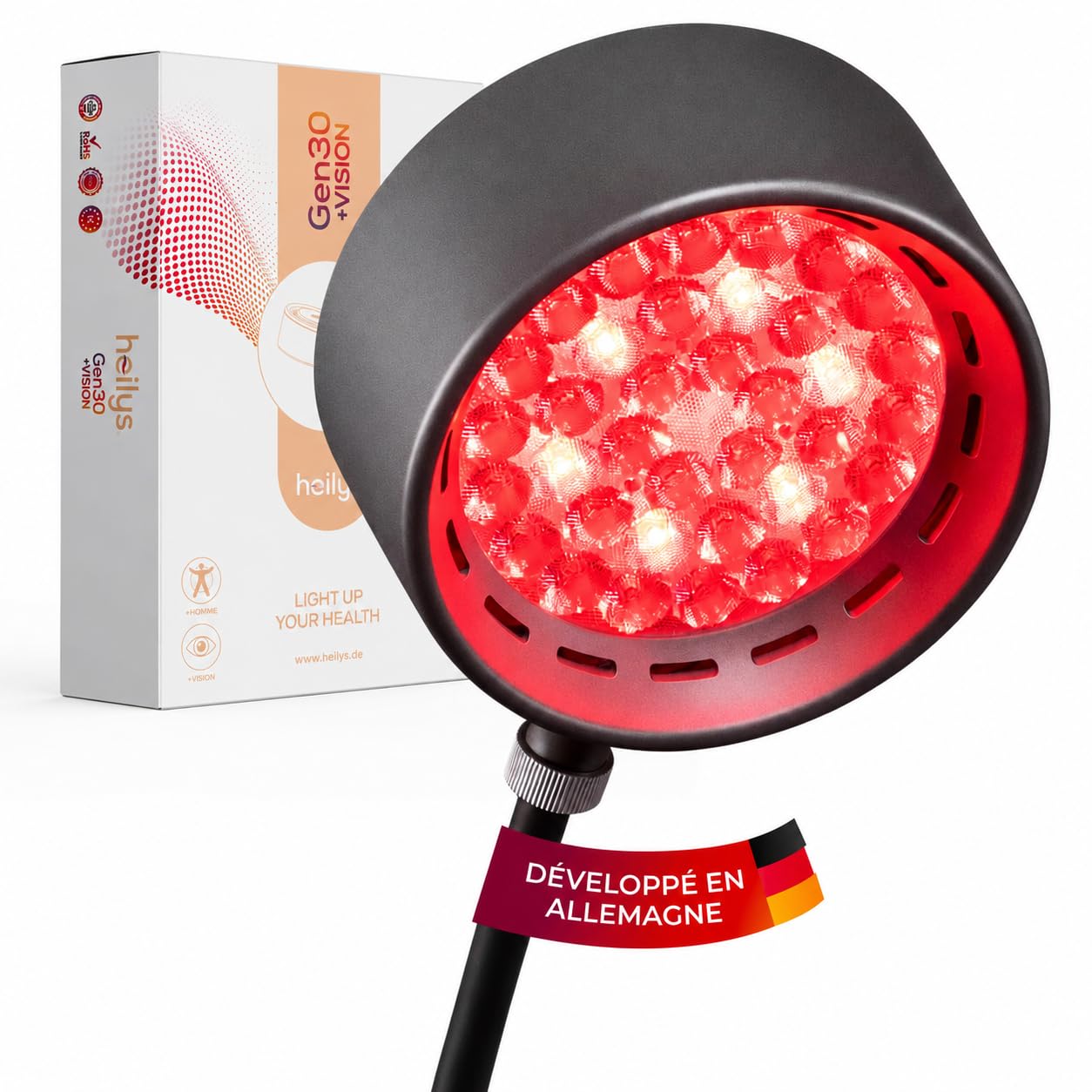 Gen30 Lampe LED à lumière rouge avec 6 longueurs d'onde (630-850 nm) | Lampe lumière rouge et infrarouge proche avec mode vision 670 nm | Réglable en hauteur en continu, mode impulsion (noir)