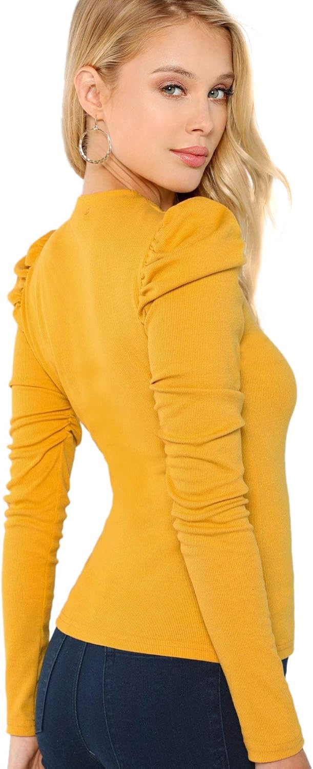 Floerns Women's Solid Puff Sleeve Crew Neck Casual T Shirt Top Medium Yellow a