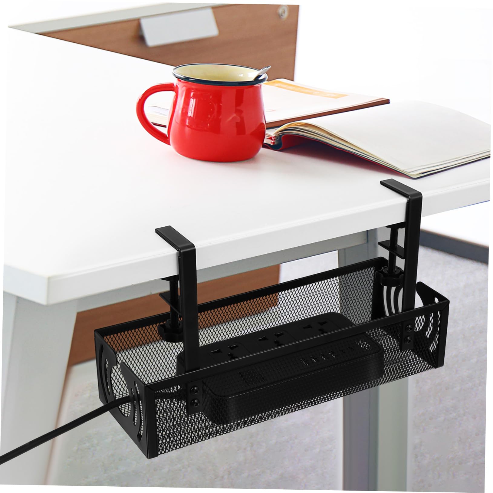 Bandeja de Gestión de Cables Debajo del Escritorio de Hierro Negro | Abrazadera Diseño Inferior, Pad Antideslizante y Tornillo Roscado, Uso Versátil en Casas y Gaming