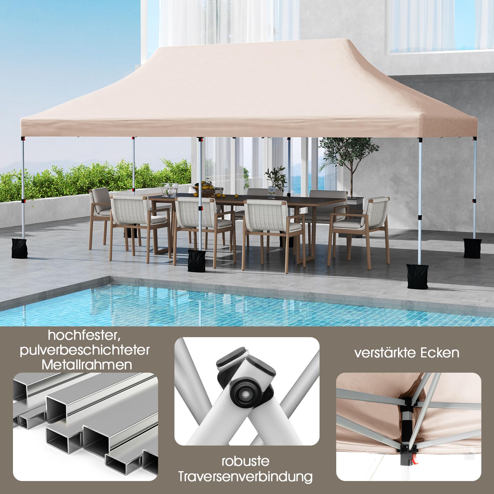 RELAX4LIFE Pavillon, Pop Up Faltpavillon 3x6m, Partyzelt Wasserabweisend & Stabil, Gartenzelt Höhenverstellbar, UV-Schutz 50+, Gartenpavillon Faltbar mit Tasche (Beige)