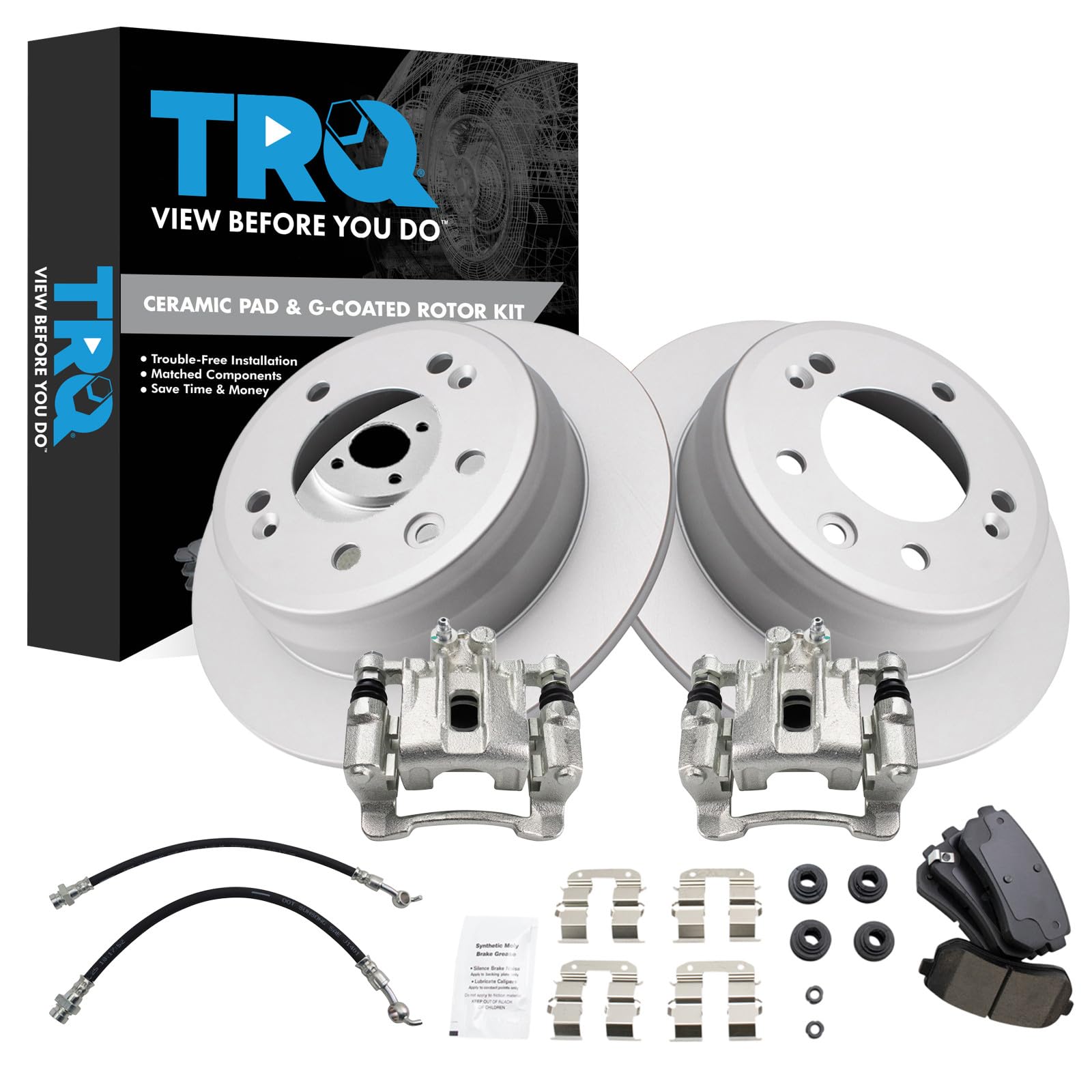 TRQ Rear Brake Pad and Rotor Set Ceramic Coated Rotors Calipers Compatible with 2010-2015 Hyundai Tucson 2011-2016 Kia Sportage