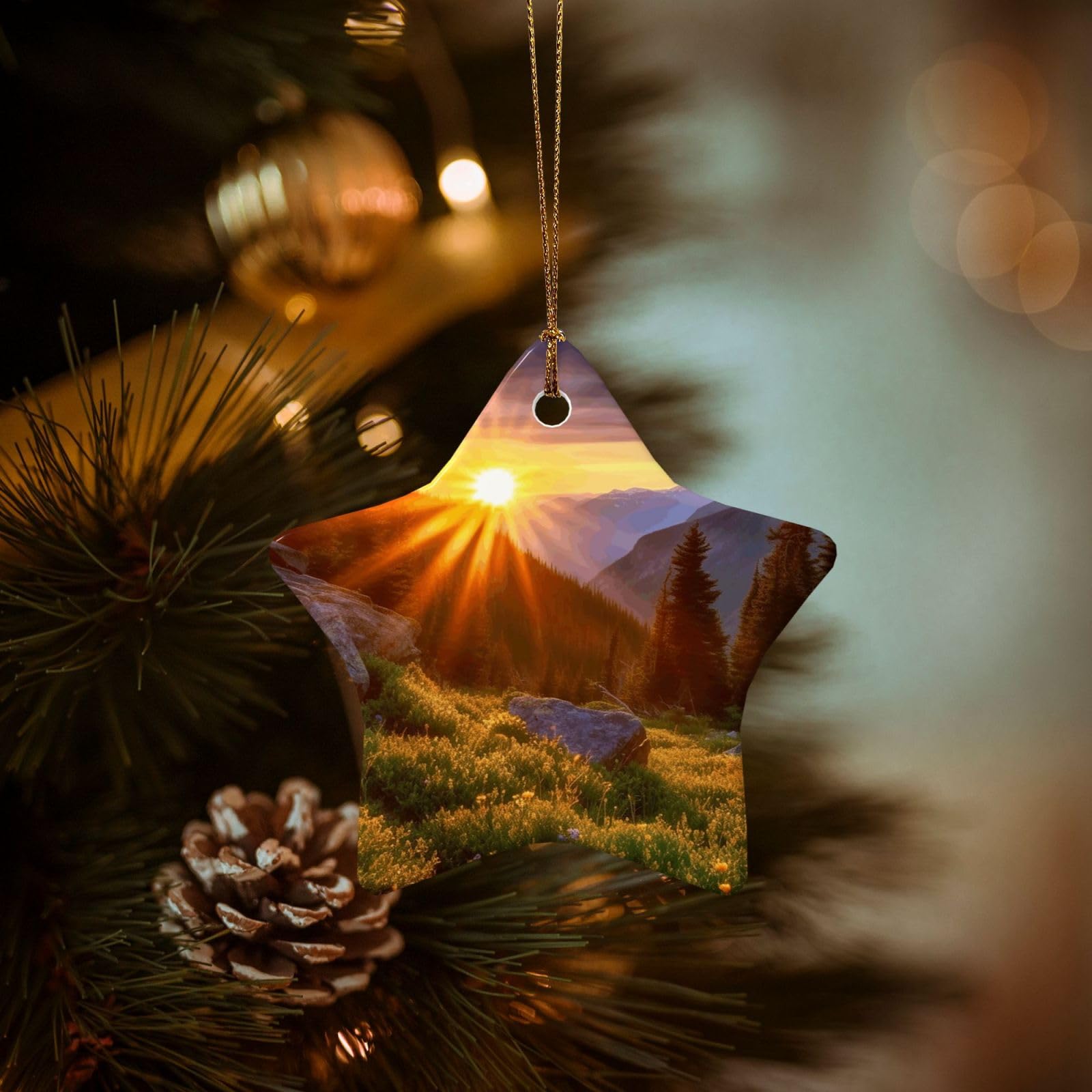Christmas Tree Ornaments Ceramics Christmas Decorations Rocky Mountain Sunset Sunshine Ornaments with Gold Ribbon Porcelain Xmas Tree Crafts Star Shape Hanging Pendant for Christmas Tree Party Decor