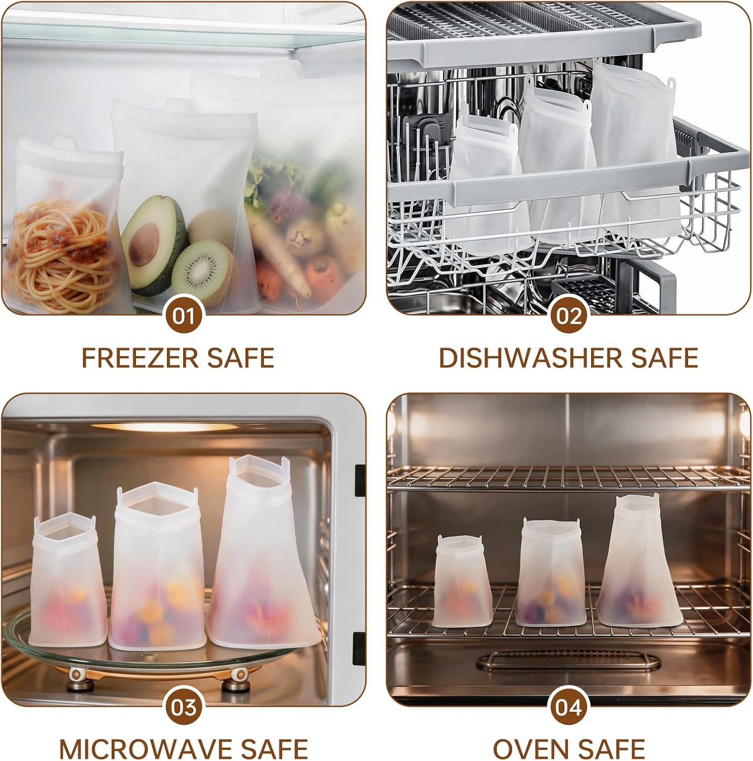 Reusable Silicone Food Storage Bags, 100% Silicone Stand-Up Wide-Open Zip-Lock Reusable Storage Bags for Food, Freezer Microwave Oven Dishwasher Safe (Translucent | M+S | 8 PC)