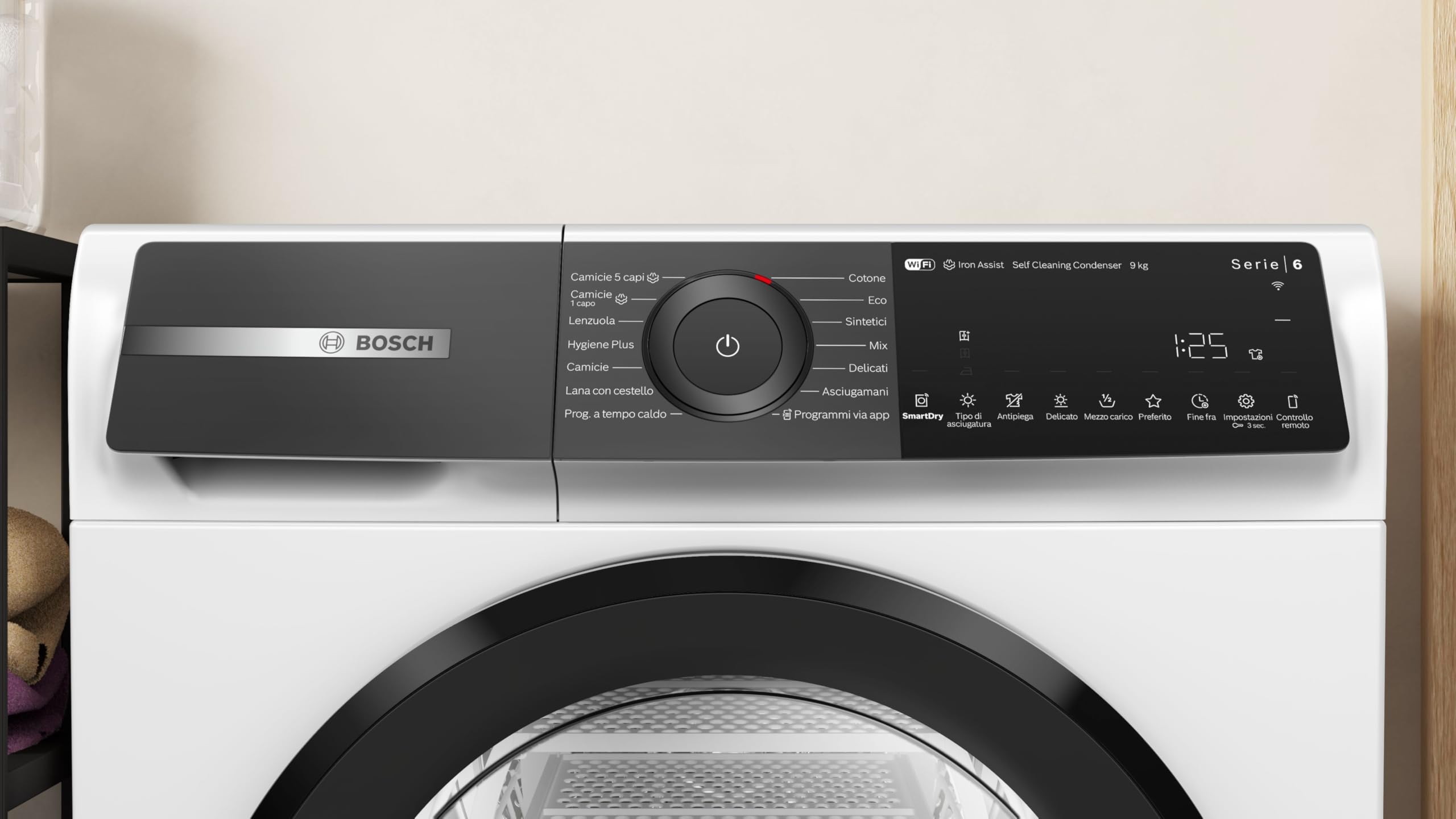 Bosch WQH245A0IT Serie 6 Smart Wäschetrockner mit Wärmepumpe, 9 kg, Energieklasse C, selbstreinigender Kondensator, reduziert Falten, Wäschekorb aus Wolle, Weiß, 60 cm