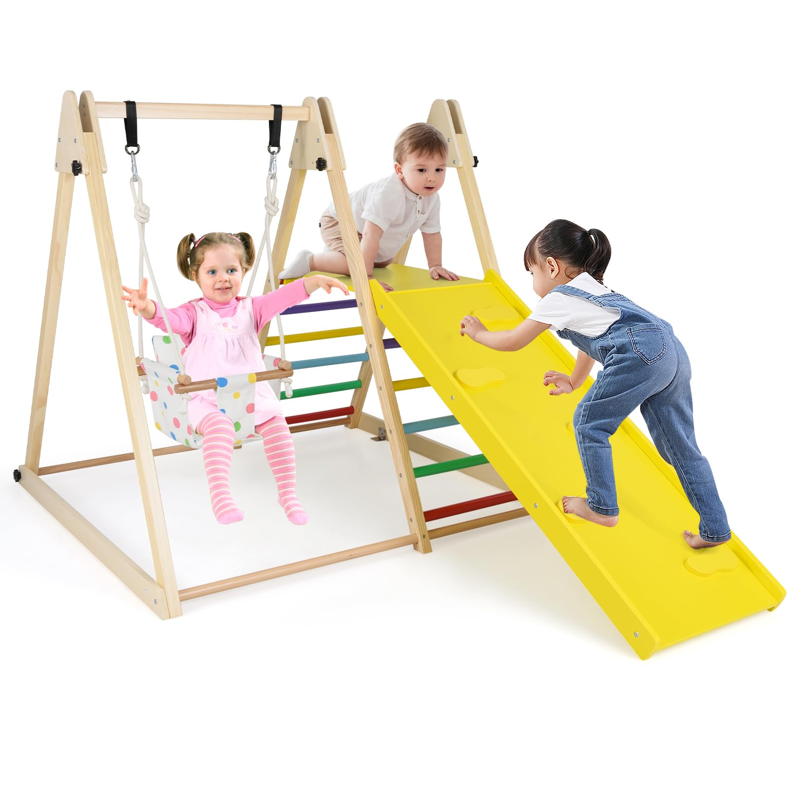 COSTWAY Kids Climbing Frame, 4 in 1 Wooden Playground Jungle Gym with Baby Swing, Resting Platform, Climbing Ramp and Ladder, Indoor Montessori Climber Playset for Toddlers 1+ Years Old (Multicolor)