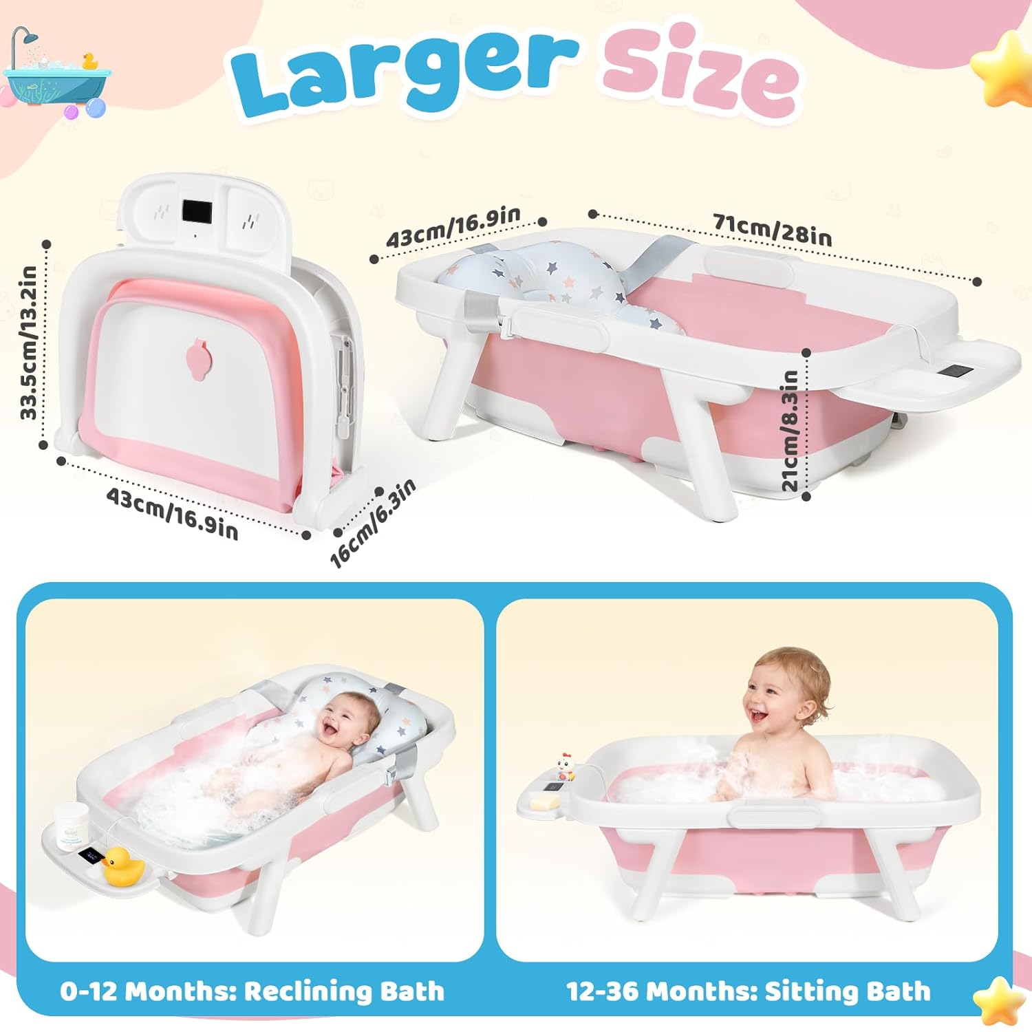 Orzbow Collapsible Baby Bathtub, Large Baby Bath Tub for Newborn with Soft Cushion & Thermometer, Travel Portable Baby Tubs for Infants to Toddler 0-36 Months, 28x16.9 inches, Pink