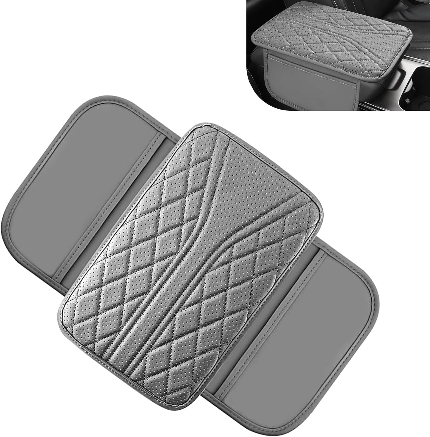 QIZUN Car Armrest Cushion for FIAT Topolino Elektro ab Bj 2023, Extra Wide Center Console Cover with Side Storage Pockets, Leather Armrest Pad for Long Trips,Grey