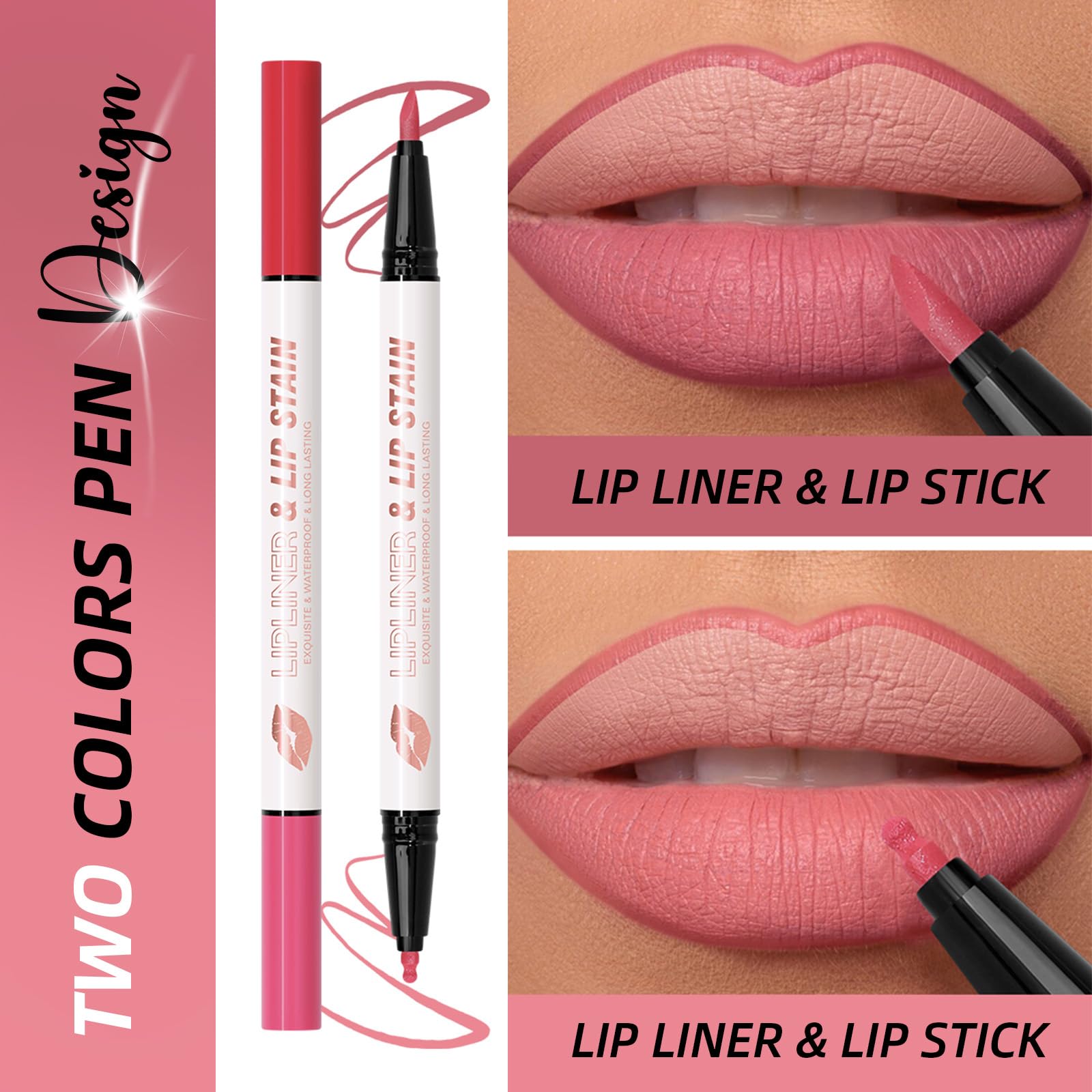 DAGEDA 2 Colors Lip Liner Pencil,Double-ended Liquid Lipstick Design,Natural Matte Finish,Longlasting, No Transfer Lip Stain Marker Makeup for Women(B)