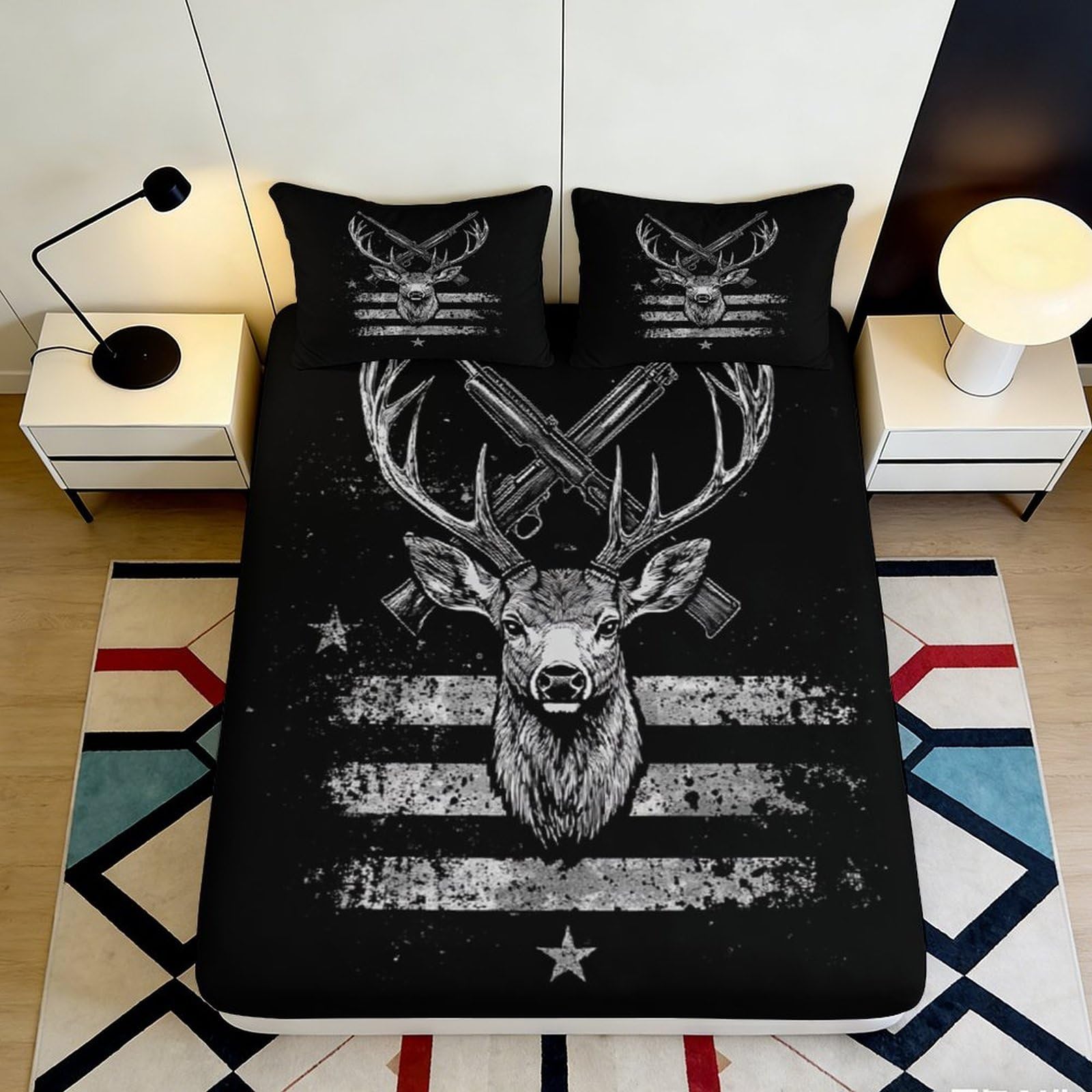 3D Printed Deer Skull Fitted Sheet Black Microfiber Antler Flag Bed Cover for Bedroom Guest Room Dorm Easy Care 90x200x25cm