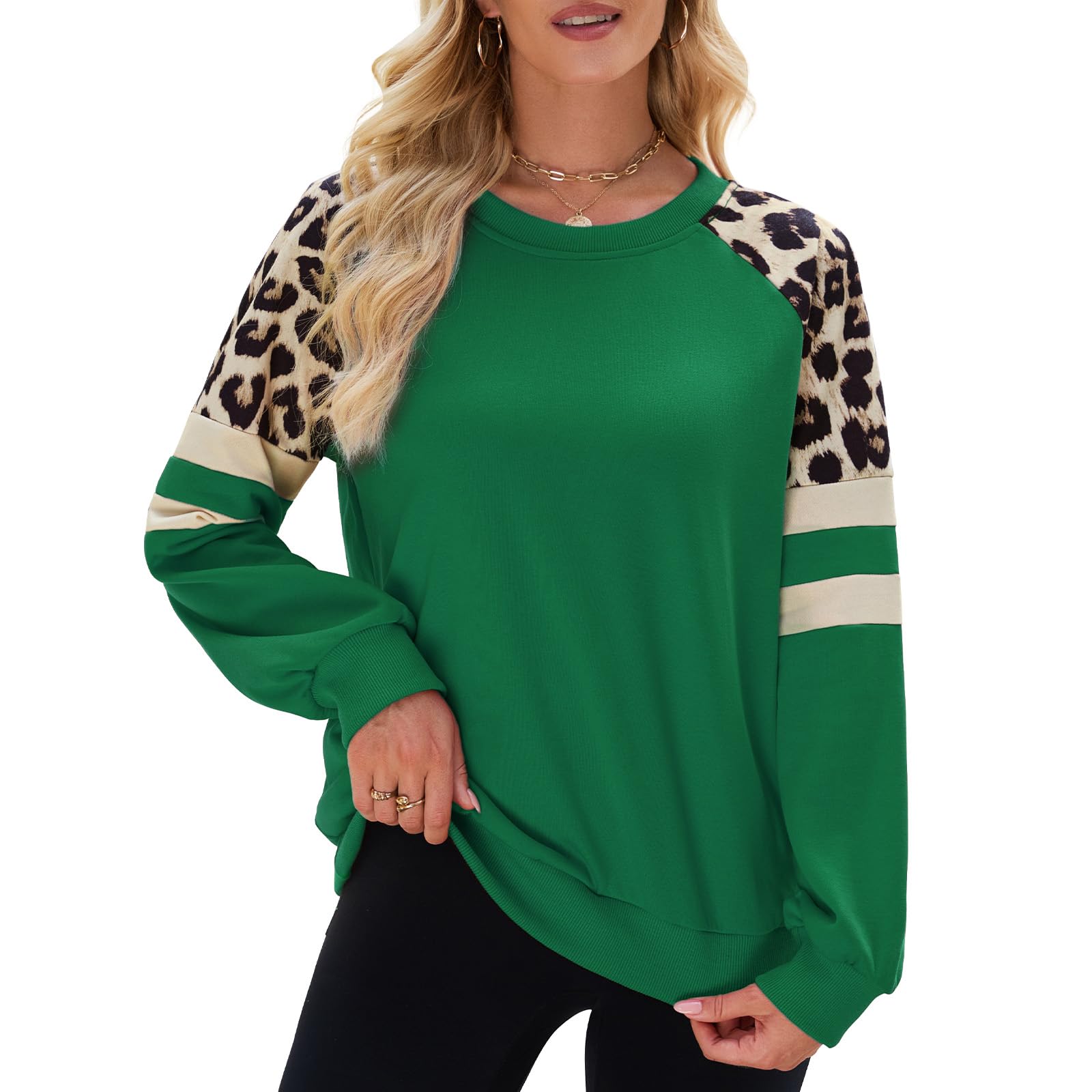 Quatrefox Sweatshirt Damen Baumwolle Leopard Shirt Langarm Tshirt Frauen Oberteile Lässige Baumwolle Rundhals Farbblock Leicht Tunika für Herbst Frühling Winter