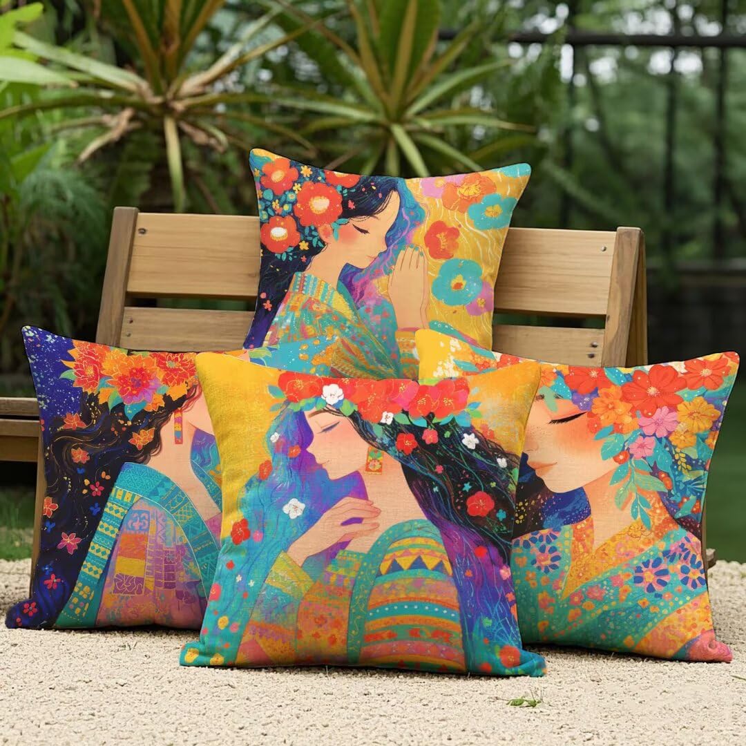 Fundas de Cojines Exterior Impermeable de Lino Fundas de Almohada Sofa Lindo, Juego de 4 Cuadrados Funda Cojin Princesa Decorativas para Jardín, Patio, Oficina, Terraza y Sala de Estar, 40x40 cm Ym294