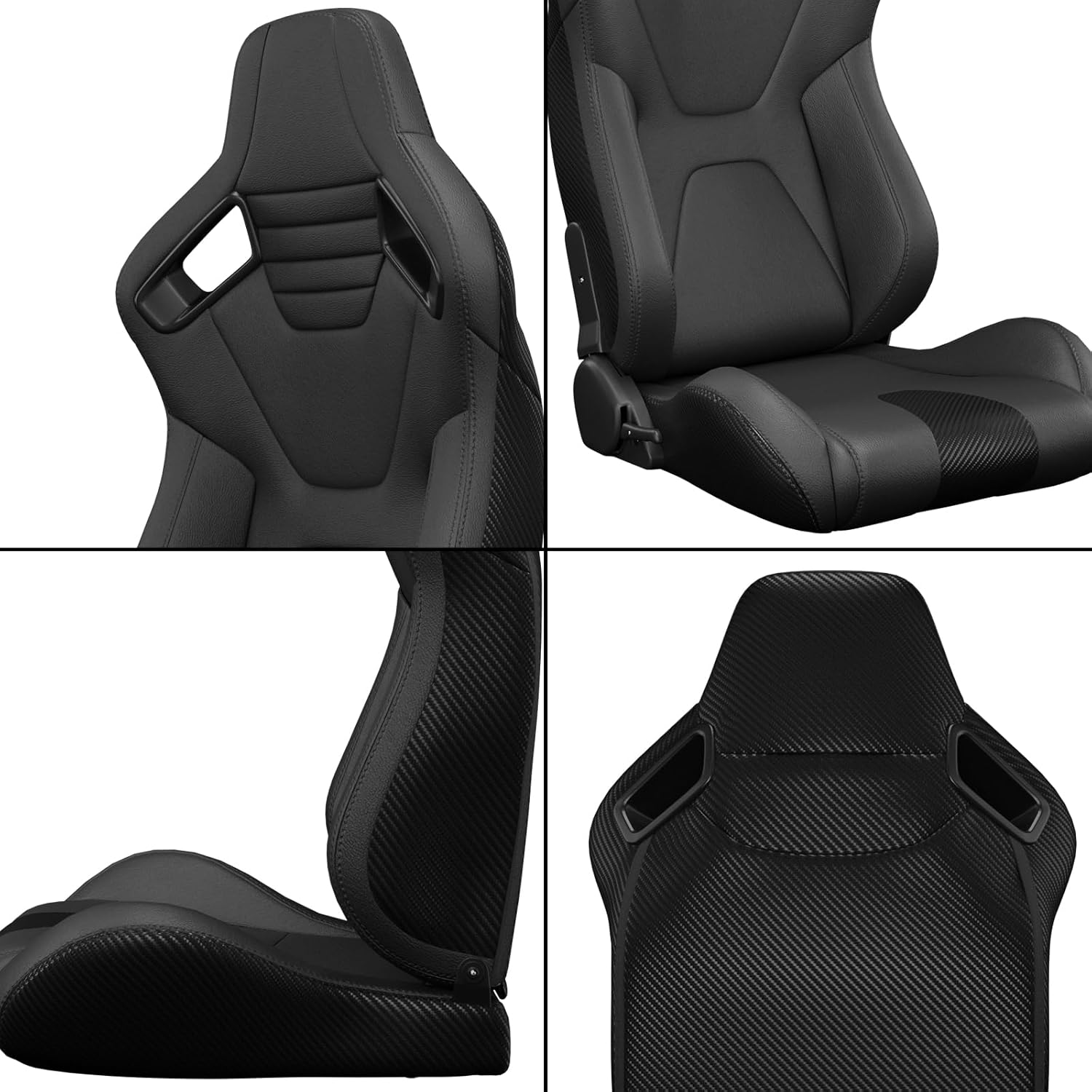 2PC New Universal Bucket Racing Seats Black Stitching PVC Leather Reclinable Carbon Look Leather Back with Dual Sliders, 2 Headrest Pillows 22.04'' W x 36.6'' H x 21.6'' D (Not Including Seat Bracket)