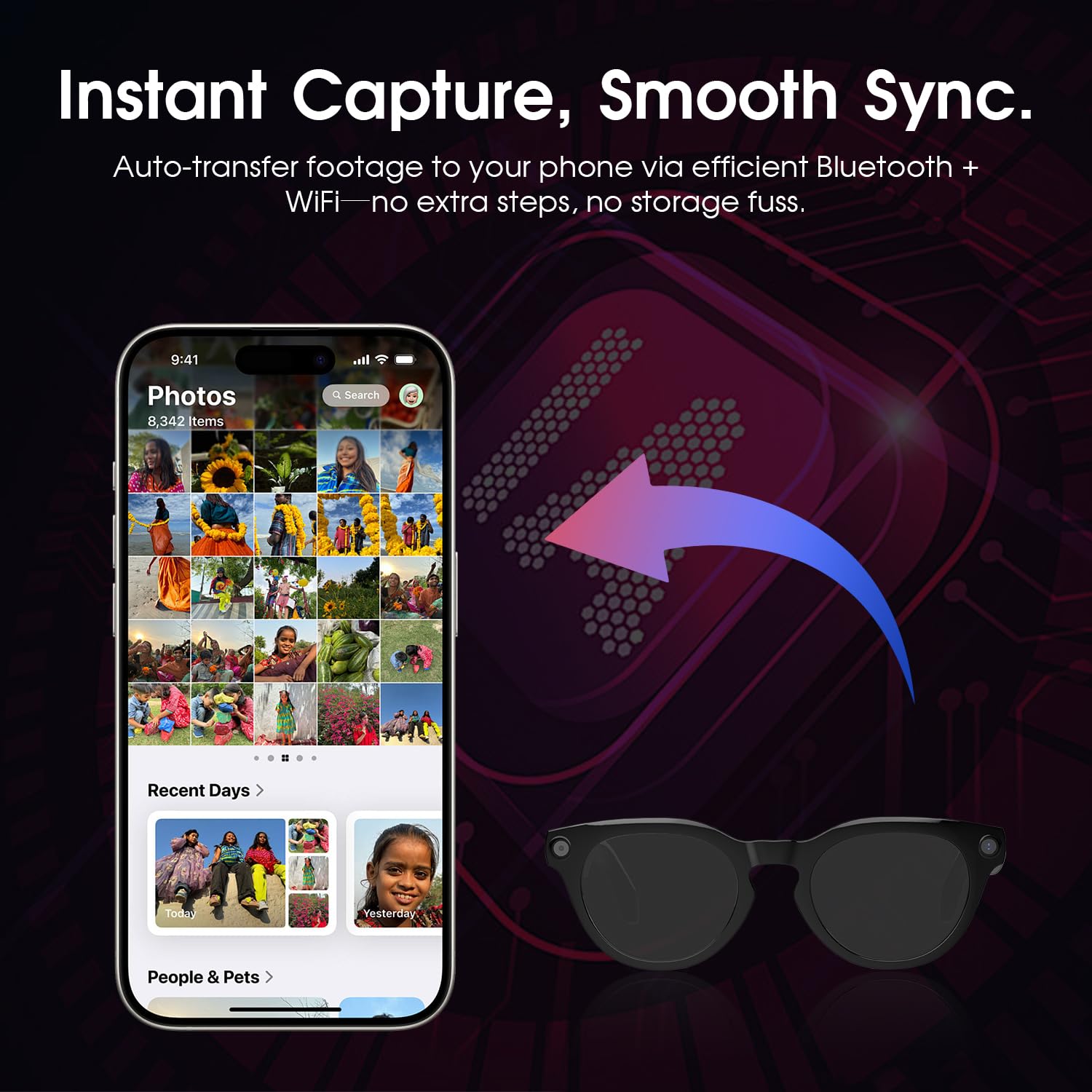 GenXenon Lunettes Connectées IA, Lunettes Caméra HD 8 MP – 220 mAh, Vidéo 1200P, Prise Photos et Vidéos, Verres Photochromiques AI Smart Glasses pour Cyclisme, Randonnée et Camping