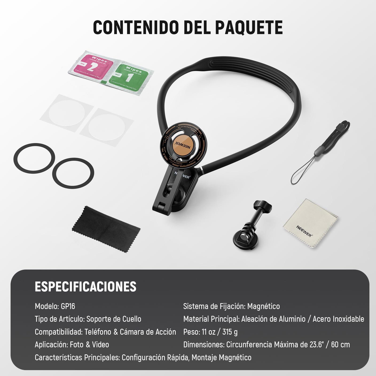 NEEWER GP-16 - Soporte magnético de Cuello para cámara de acción y teléfono con paño de Limpieza, Soporte para móvil de Pecho para grabación de vídeo POV Vlog, Compatible con GoPro dji Insta360