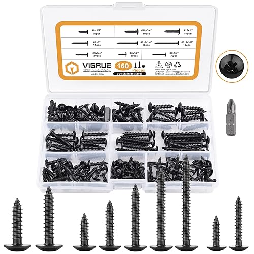 VIGRUE Kit surtido de tornillos de madera negra #6, 8#10, 18-8 (304), tornillos autorroscantes de cabeza de bragueta de acero inoxidable, óxido negro