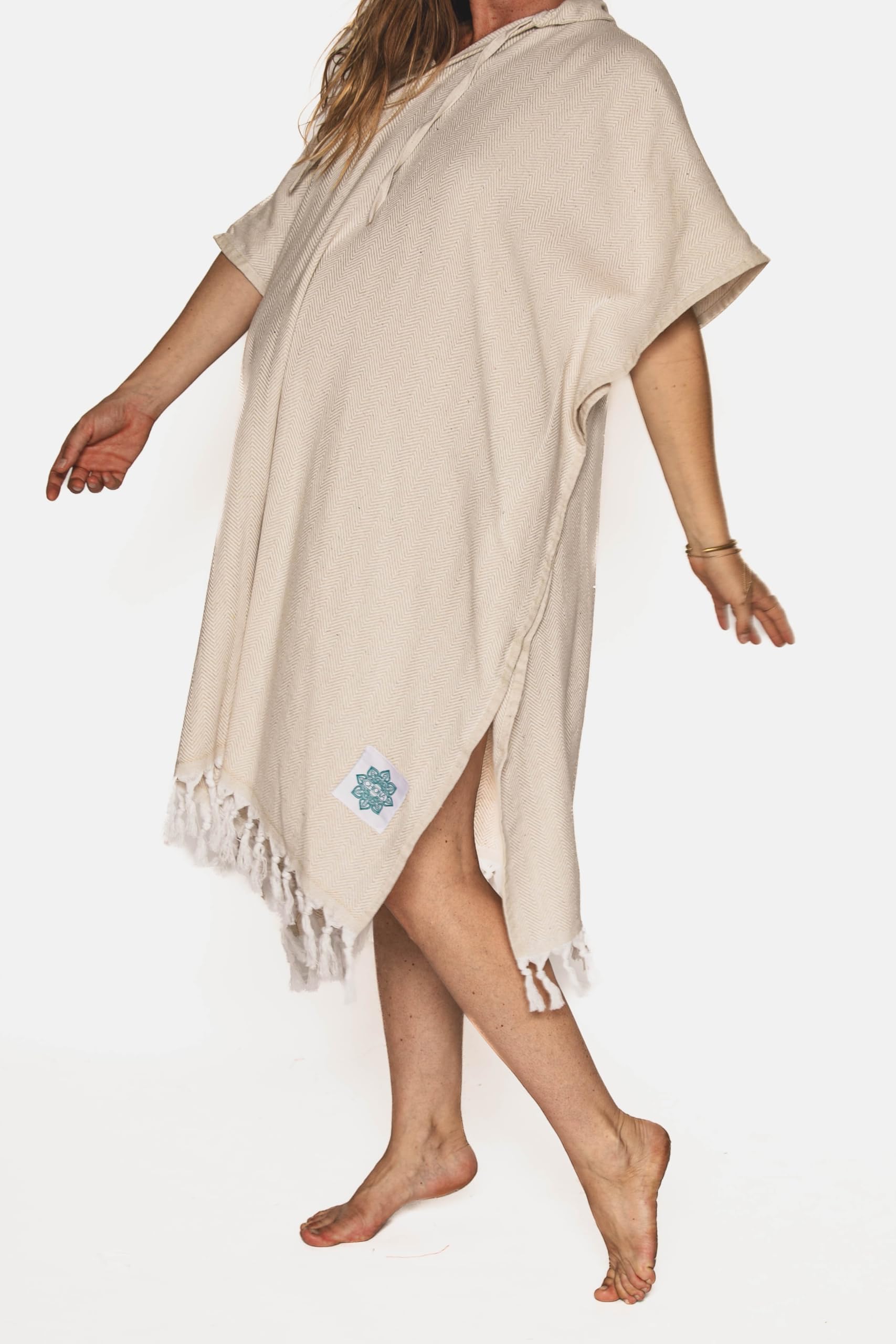 Surfponcho für Damen Herren 100% Baumwolle Hamam Oversized handgewebt Kapuze Strand Camping (Sand)