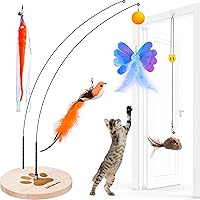 Vista 1 de JXFUKAL Interactive cat Toy, Automatic Cat Wand Toy with Stable Wooden Base, 2 PCS Detachable Cat Teaser, 5PCS Refills Replacement & Hanging Elastic