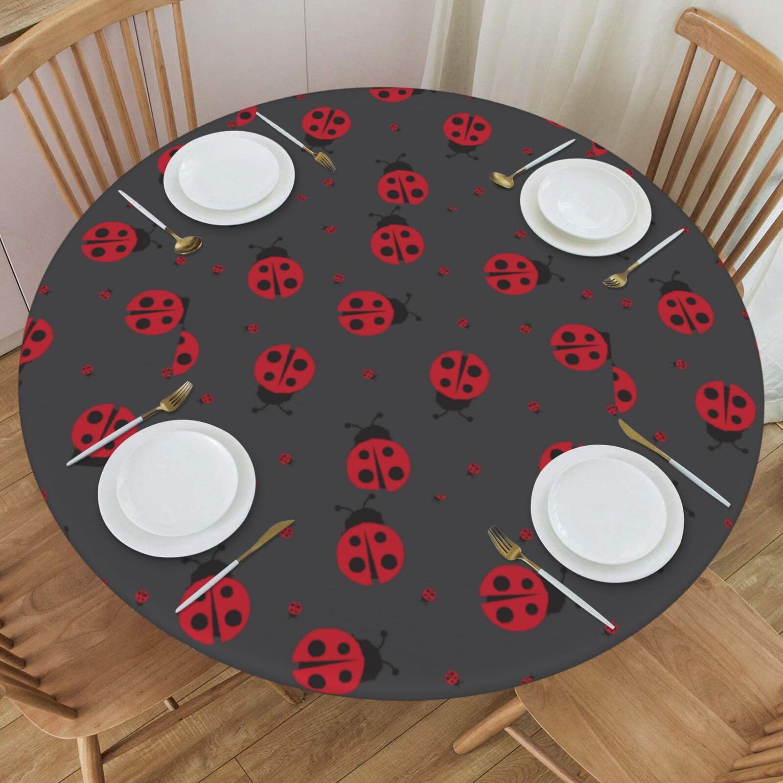 Dujiea Round Tablecloth Ladybug Round Fitted Tablecloth with Elastic Edge, Waterproof Oil Proof Table Cloth Wipe Clean Table Cover for Indoor and