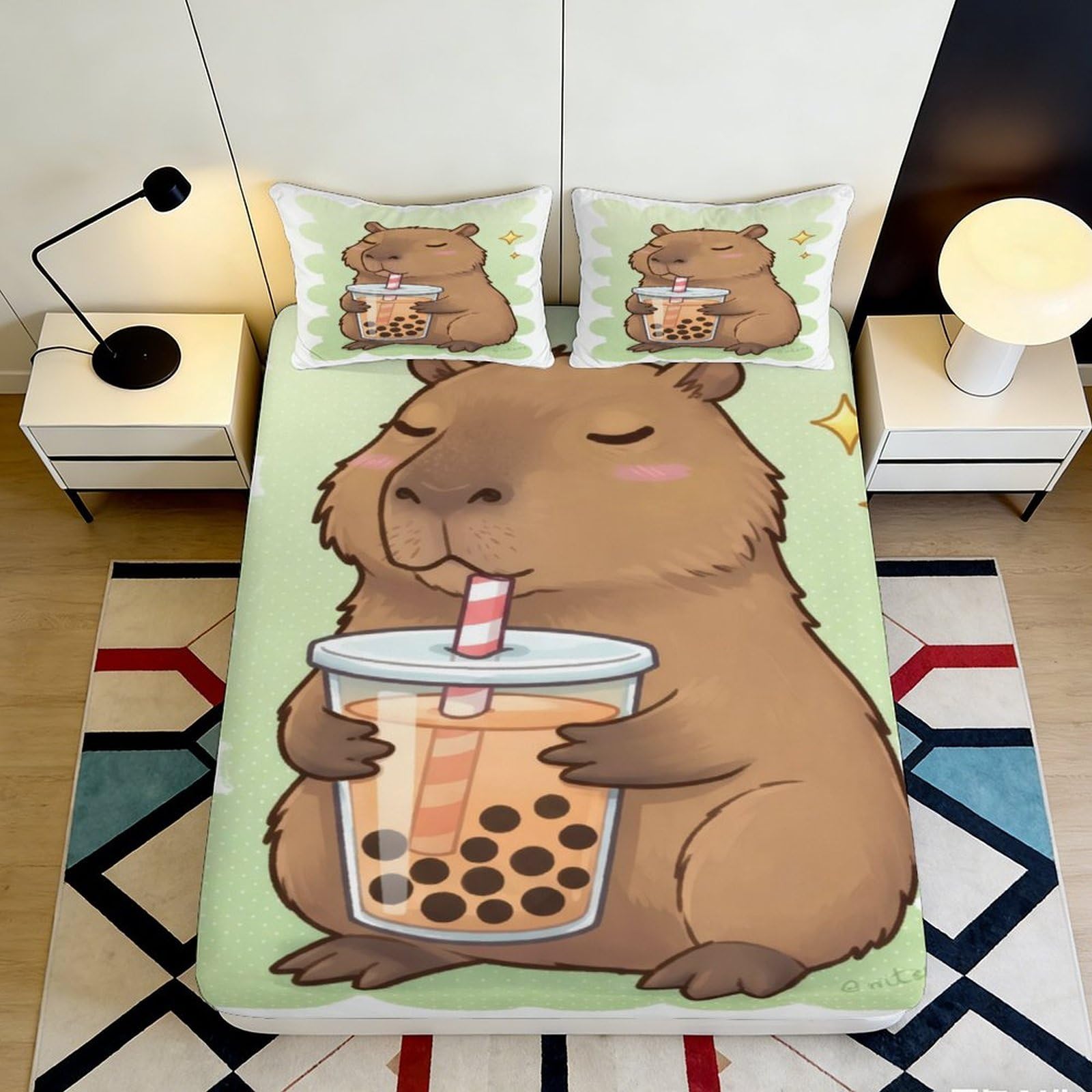3D Printed Cute Capybara Fitted Sheet Microfiber Bubble Tea Bed Cover for Bedroom Guest Room Dorm Decor 90x200x25cm