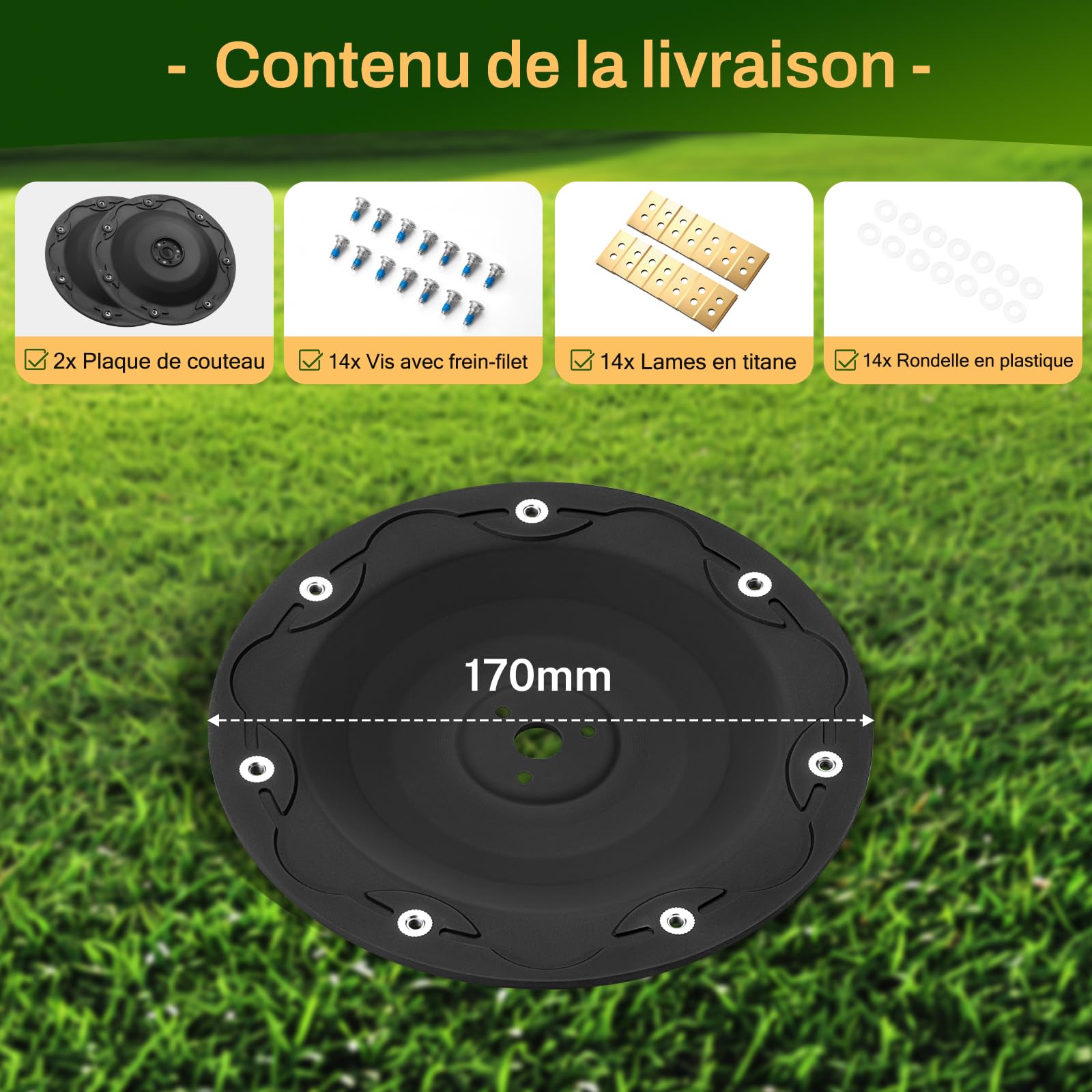 [Mise À Niveau] 2Pcs Plateau de Lame + 14 pièces Lames Compatibles avec Mammotion LUBA 1 AWD et LUBA 2 AWD (jusqu'à l'année 2024), Disque de Coupe Robot Tondeuse, Disque Rotatif pour Robot Tondeuse